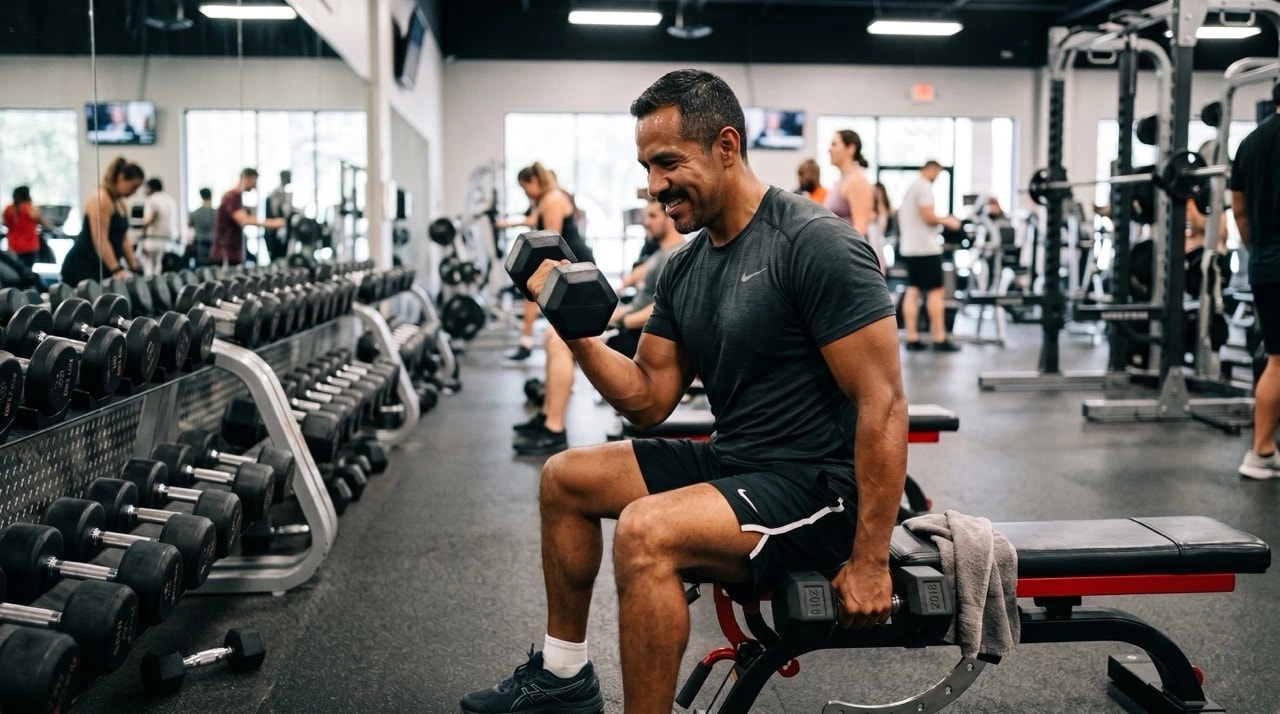 Man lifting dumbbell on bench in a gym