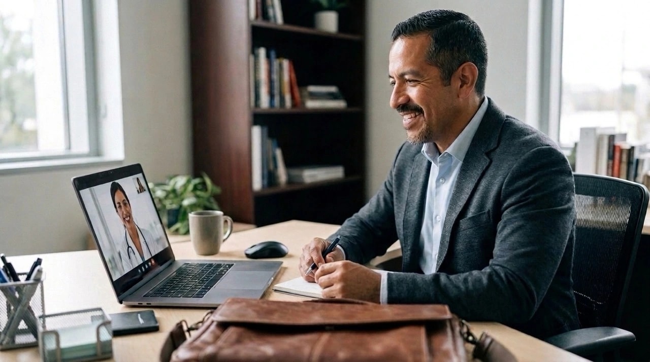 Man talking to a clinician over video call on a laptop
