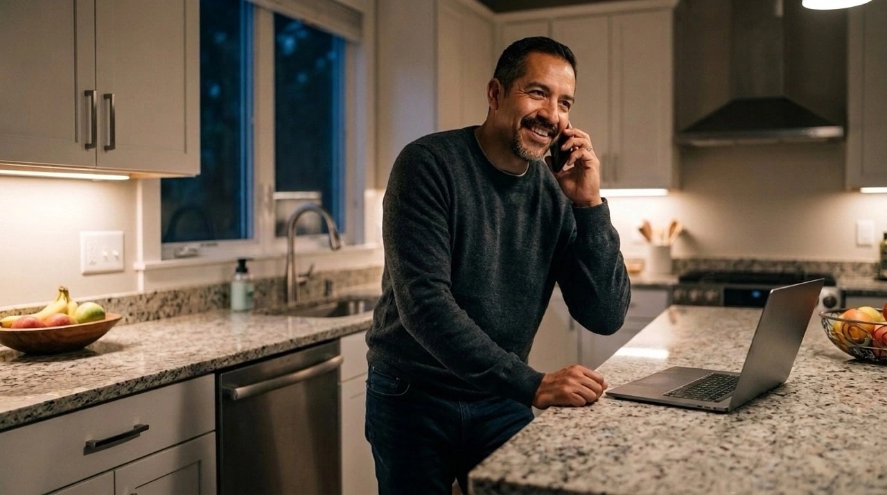 Man on phone call in kitchen