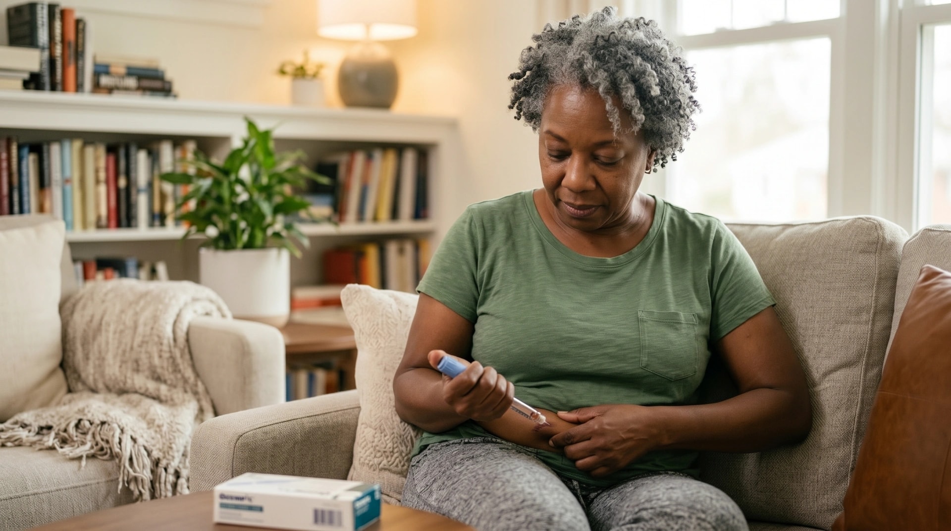 A woman on her sofa holding a GLP-1 injection pen, with the pen's box on the table beside her
