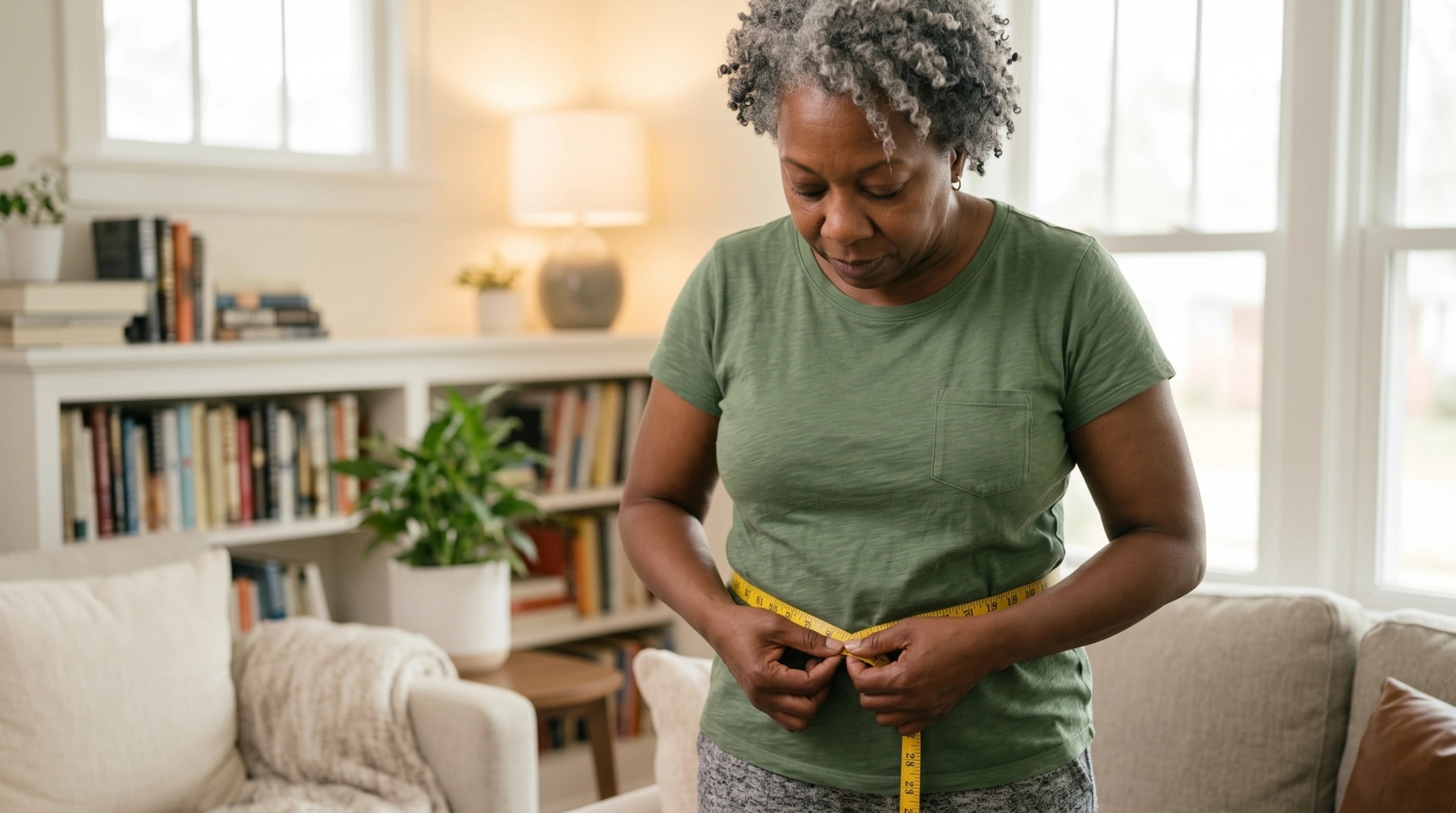 A woman measuring her waist with a yellow tape measure in her living room