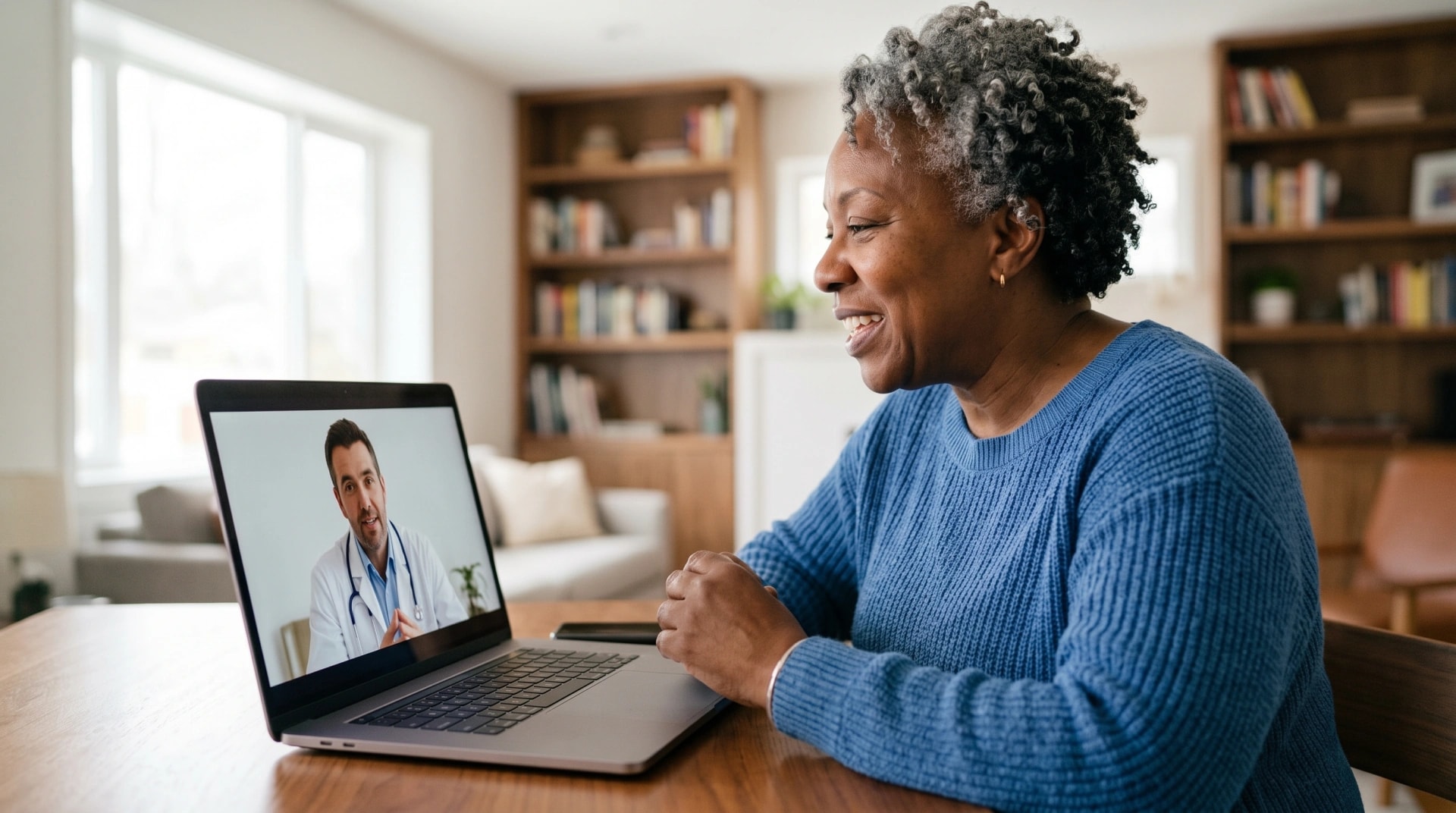 A smiling woman in a blue sweater on a video call with a doctor on her laptop