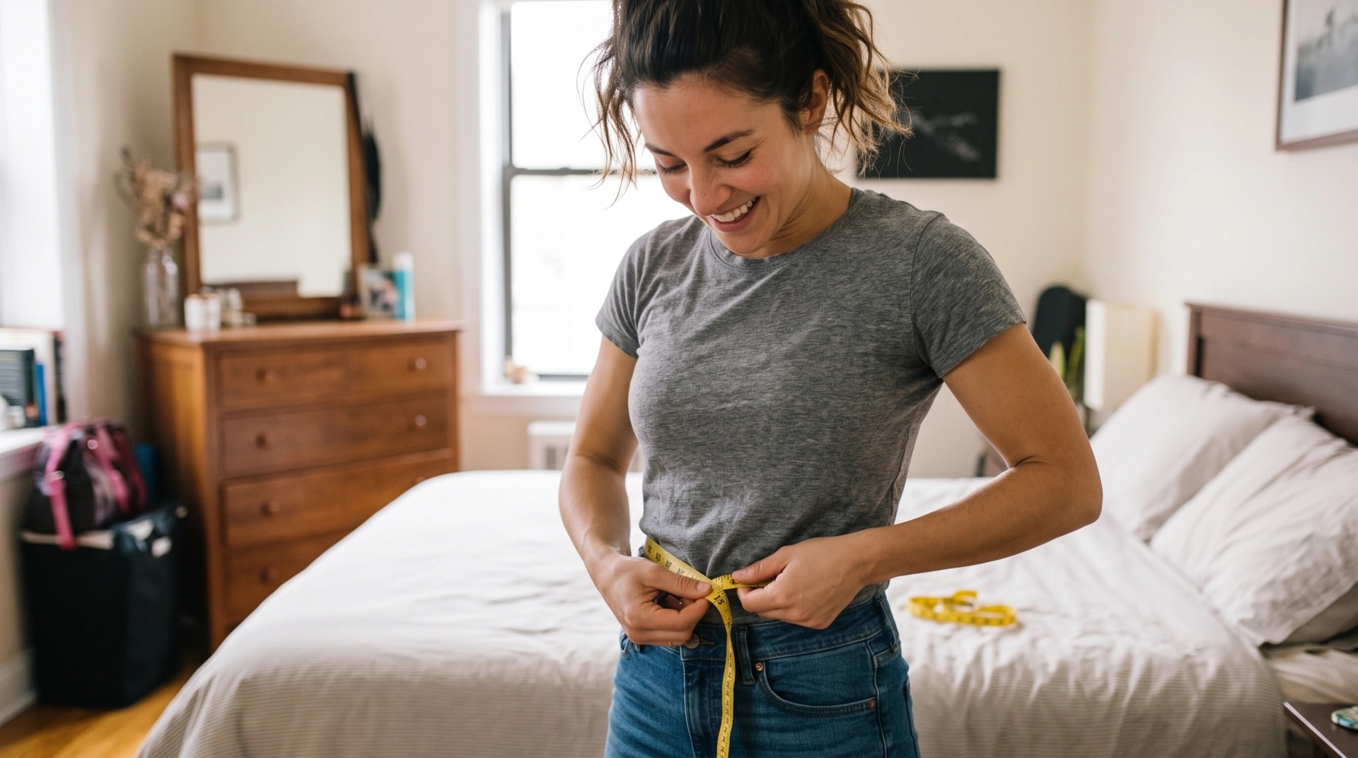A woman measuring her waist with a tape measure in her bedroom