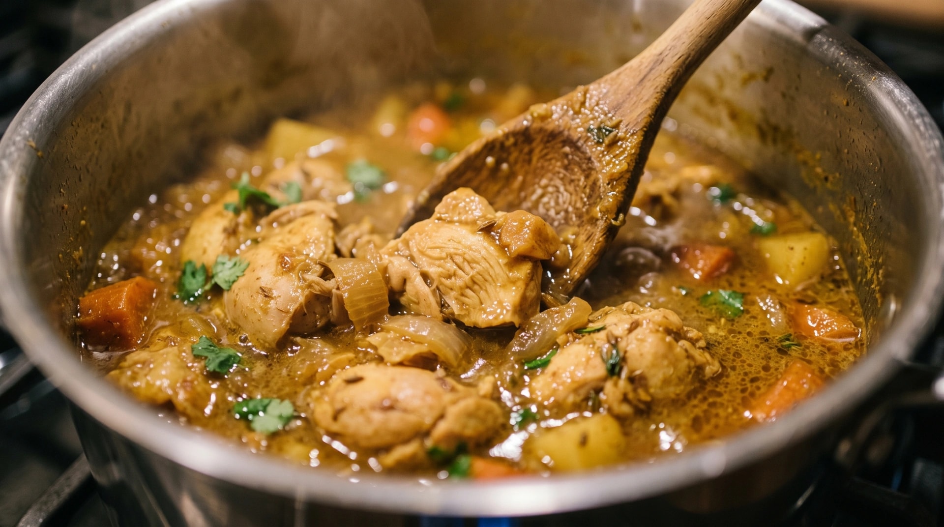 A pot of chicken and vegetable stew being stirred with a wooden spoon