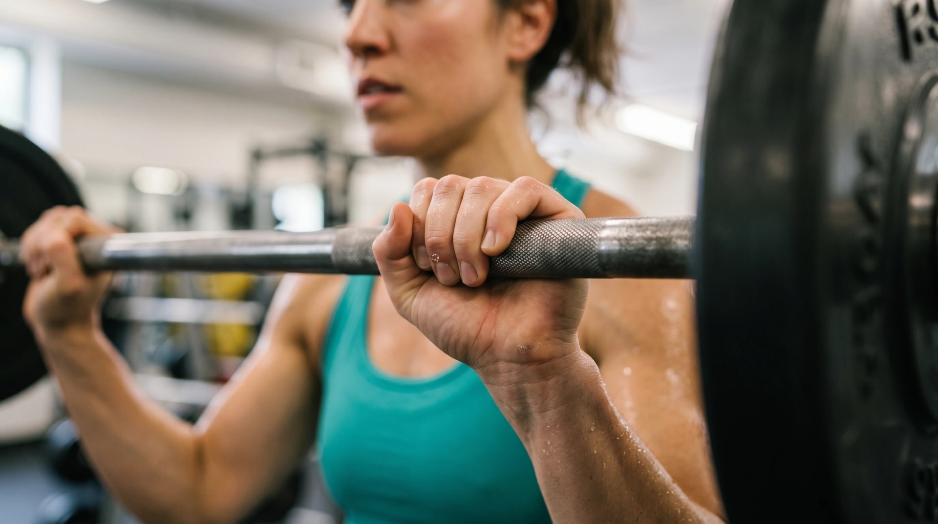 A woman gripping a loaded barbell in the gym