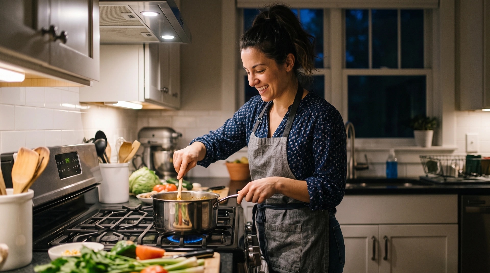A woman cooking a meal at her kitchen stove