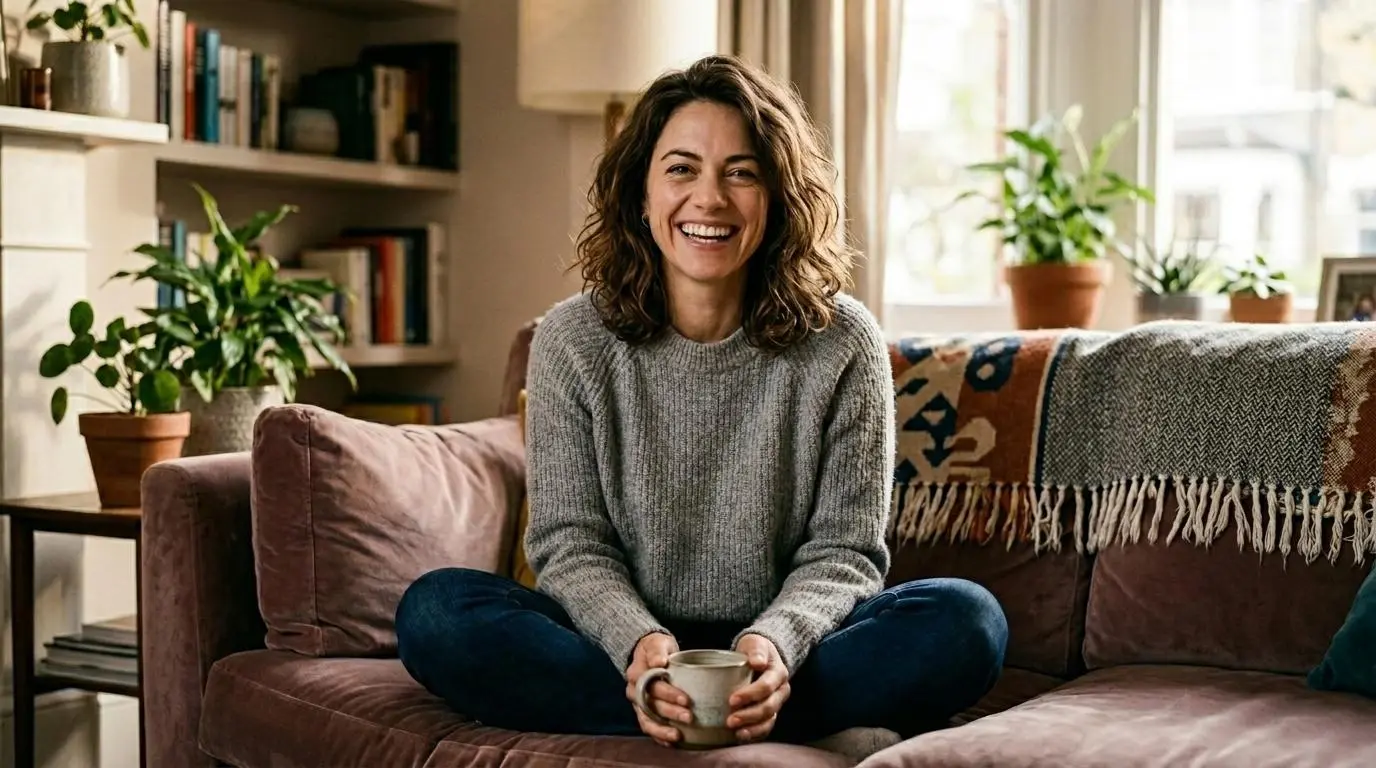 Woman relaxing comfortably on a sofa holding a warm mug