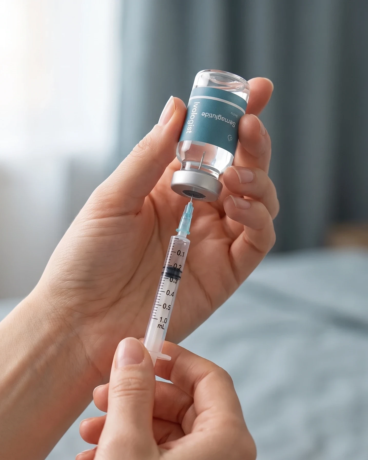 Hands holding an inverted Ivologist vial while drawing medication into an insulin syringe