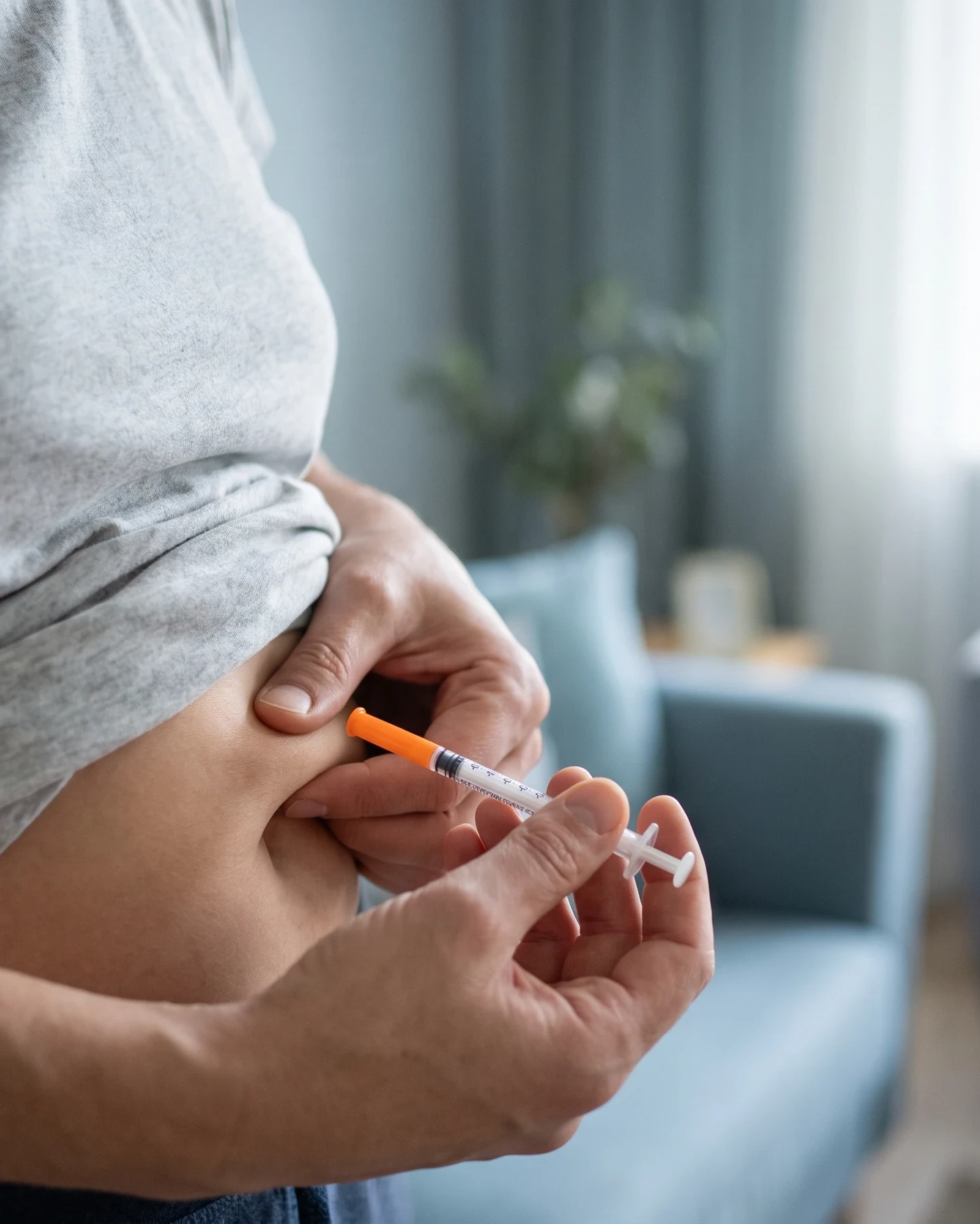 A person pinching a fold of skin on their abdomen and holding an insulin syringe at a 90-degree angle