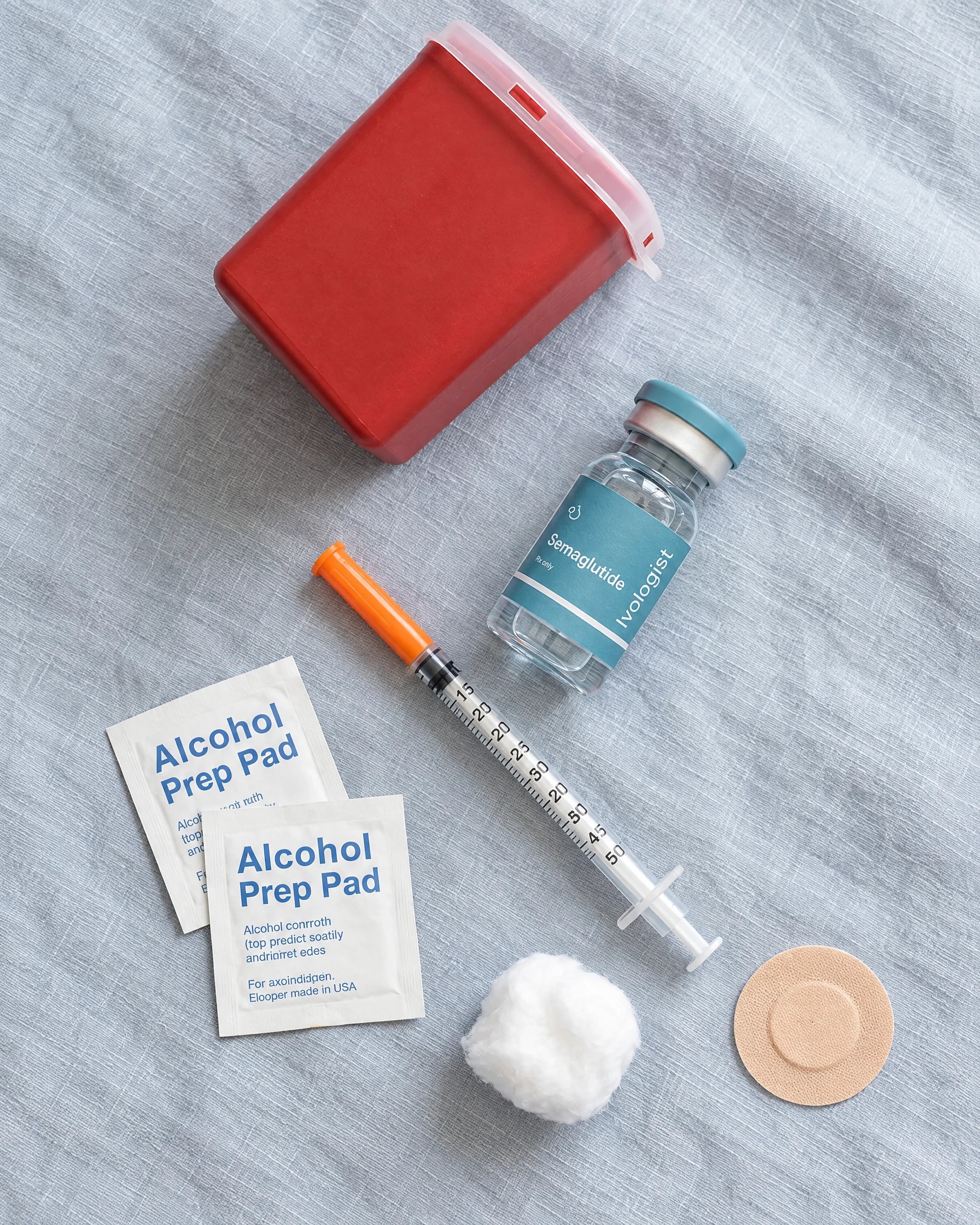 Injection supplies laid out: Ivologist semaglutide vial, insulin syringe, alcohol prep pads, cotton ball, bandage and a sharps container