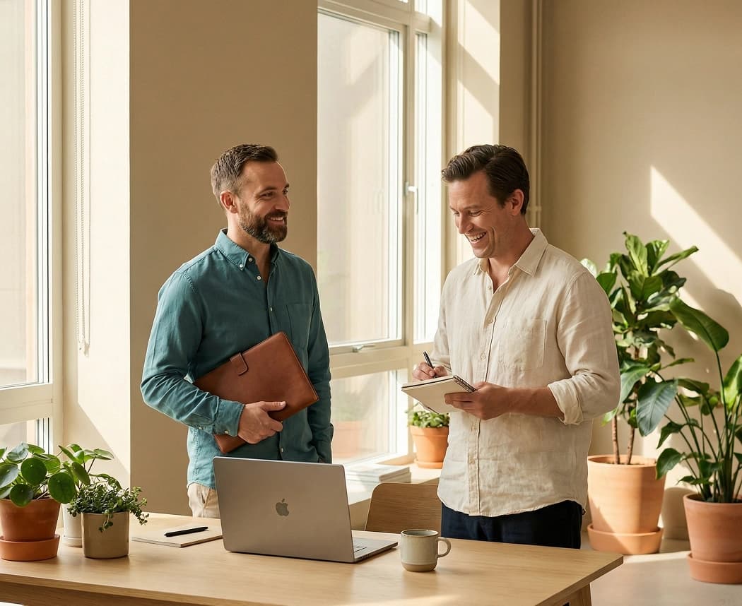 Two men discussing health in an office setting