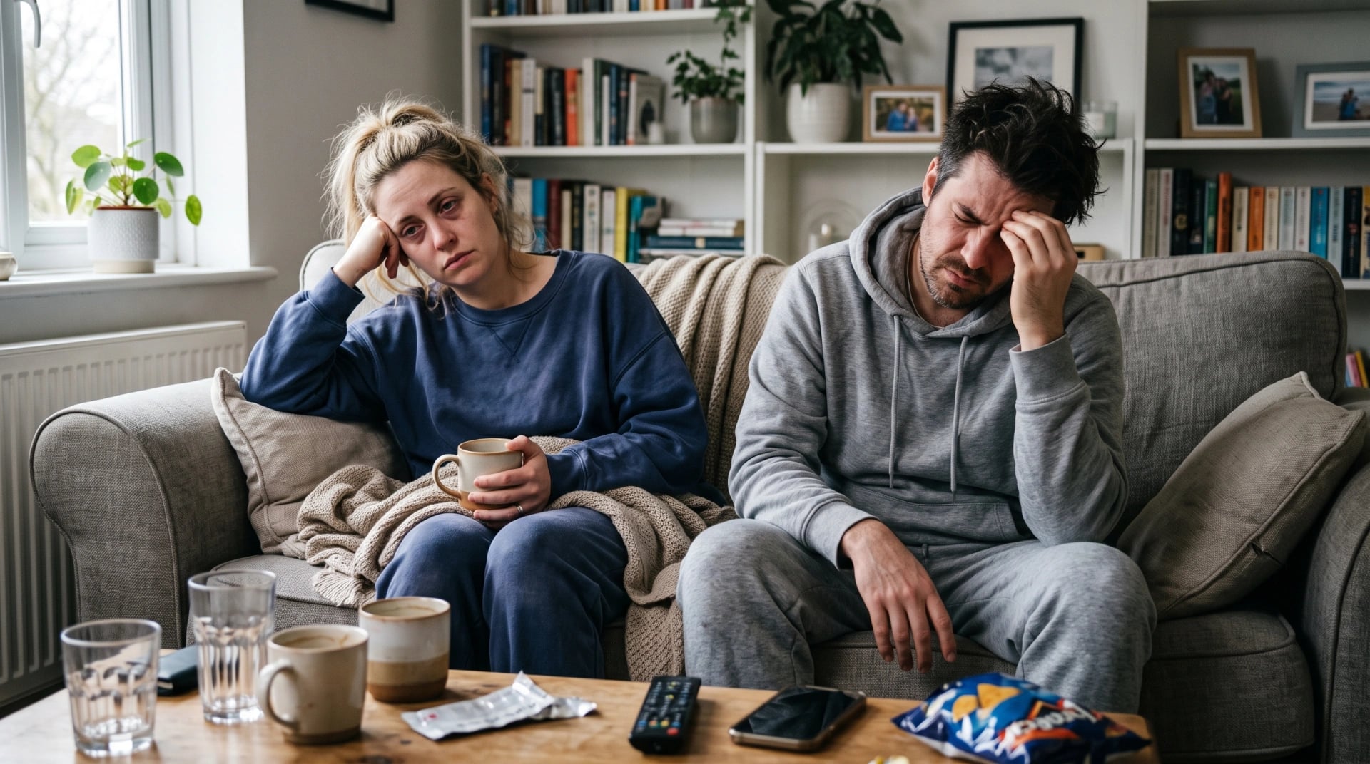 A hungover couple slumped on the sofa the morning after, holding their heads beside mugs and water glasses