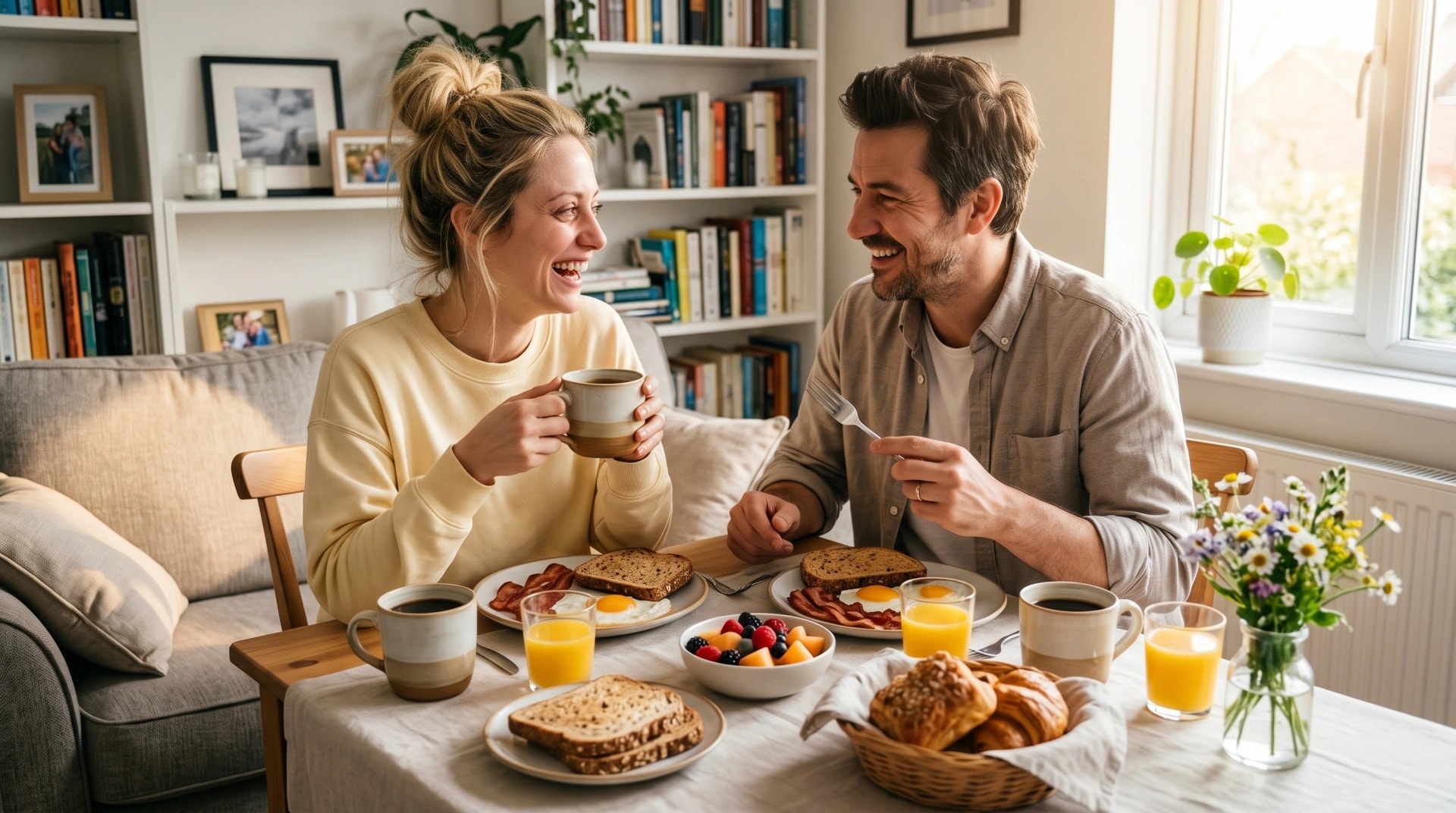 A couple laughing over breakfast with coffee and orange juice after recovering from a hangover