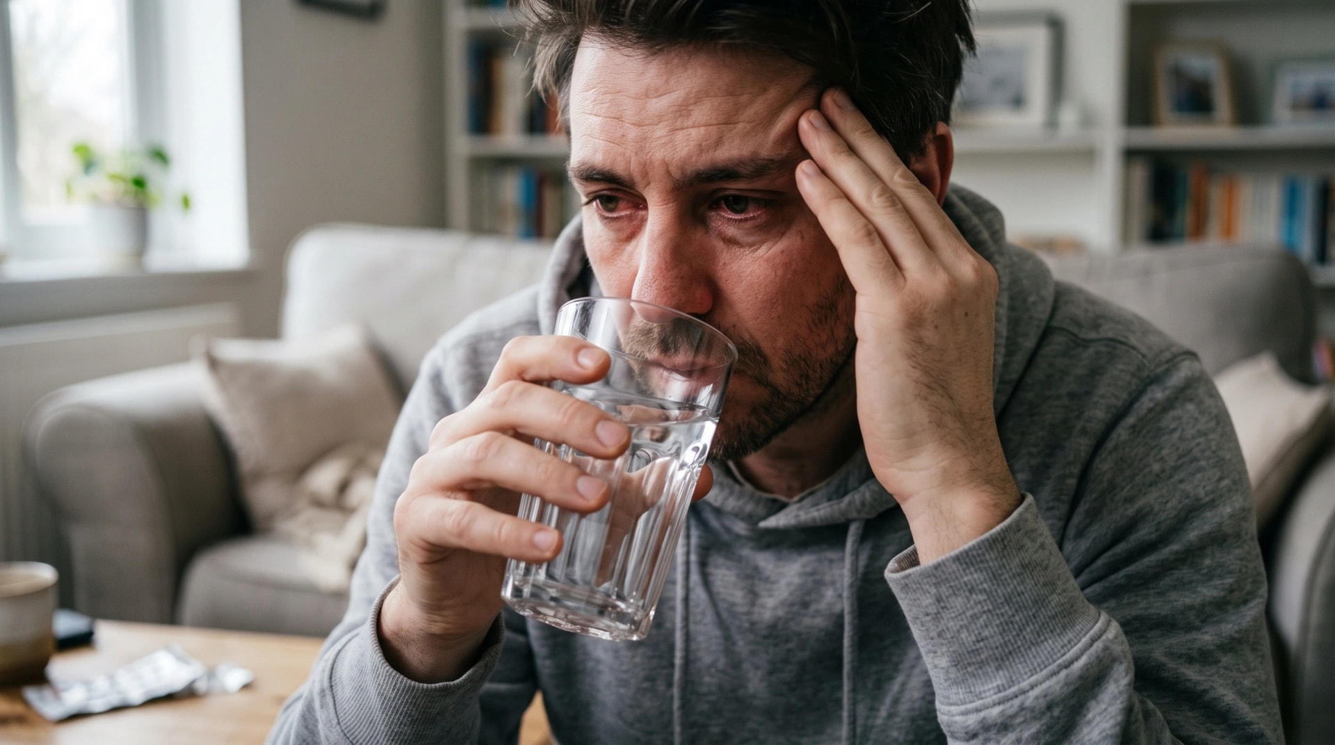 A hungover man holding his head while drinking a glass of water on the sofa