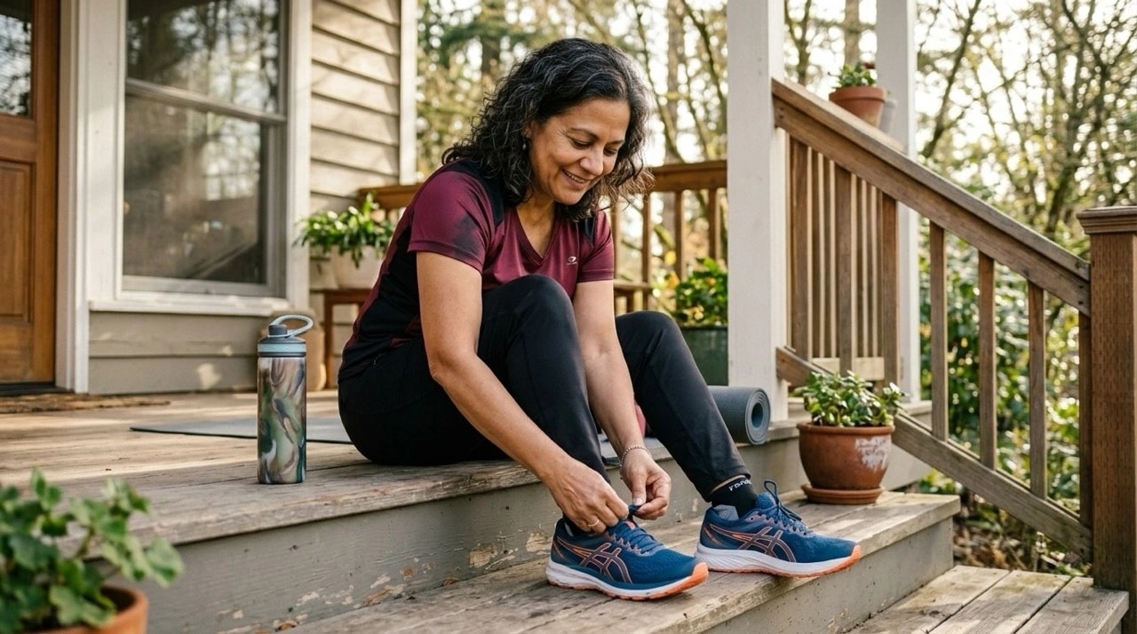 Person tying running shoes on a porch step, representing physical activity and mnponitoring progress