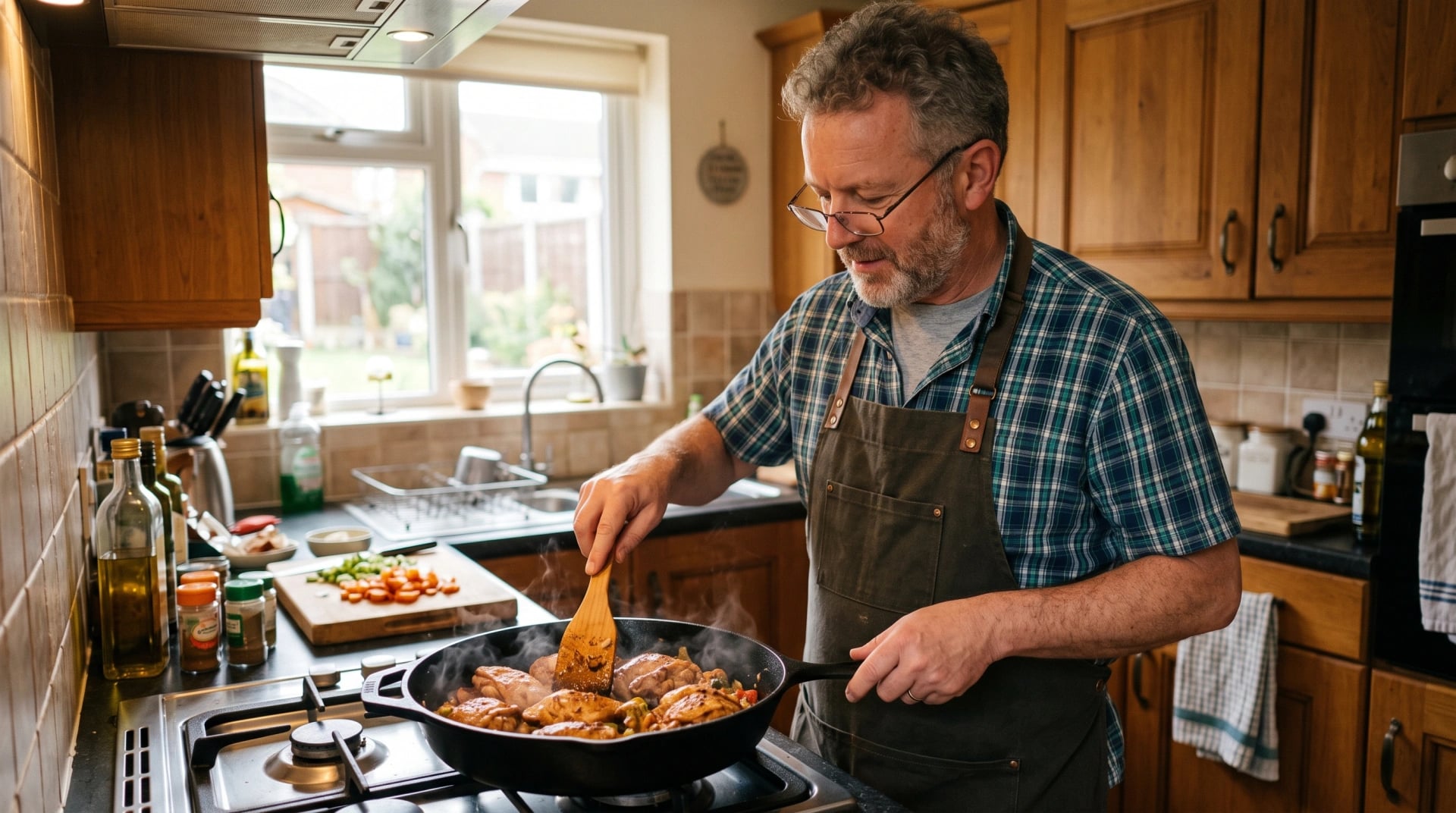 A man in an apron cooking dinner at the stove in a sunlit kitchen