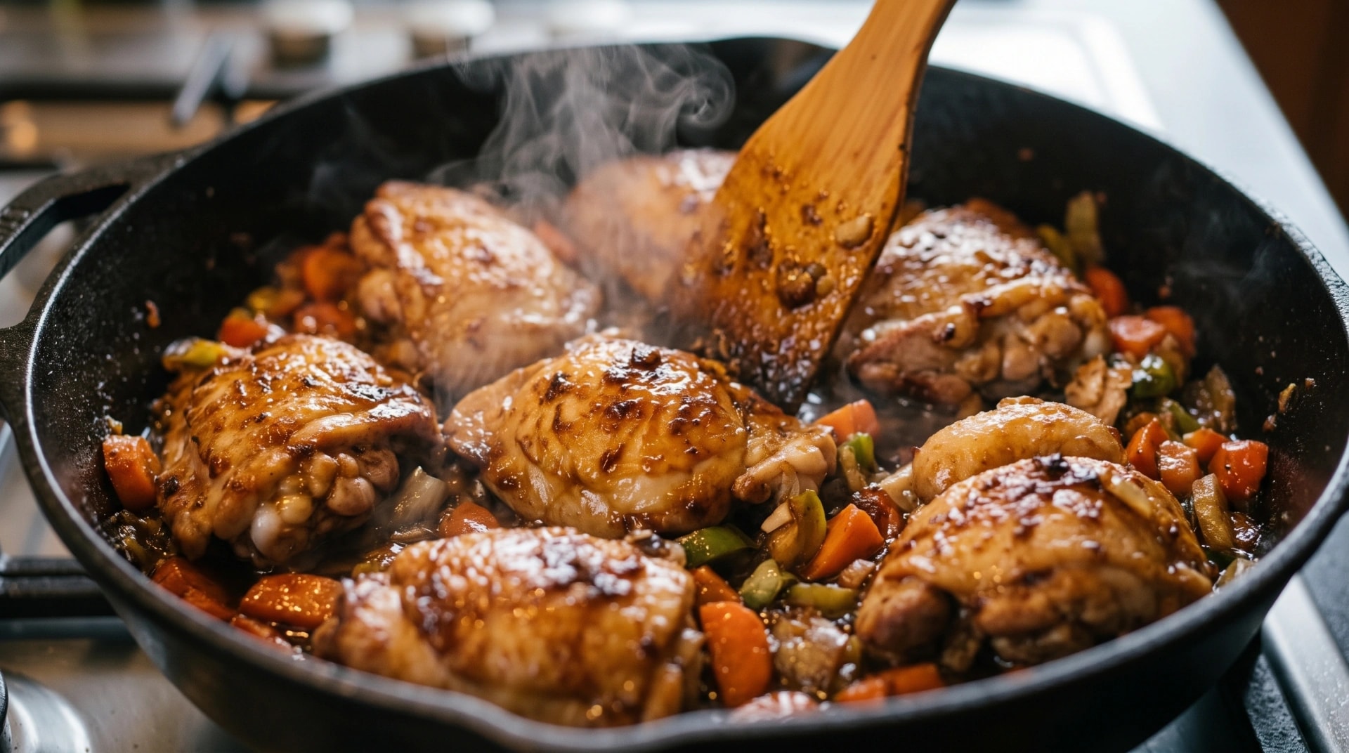 Chicken thighs and vegetables cooking in a cast iron skillet