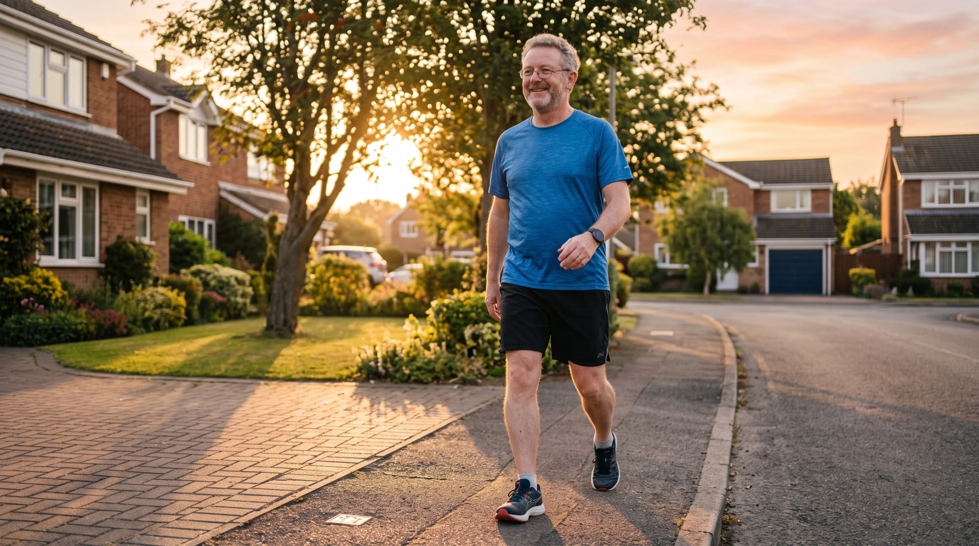 A man in running clothes walking through his neighborhood in low sunlight