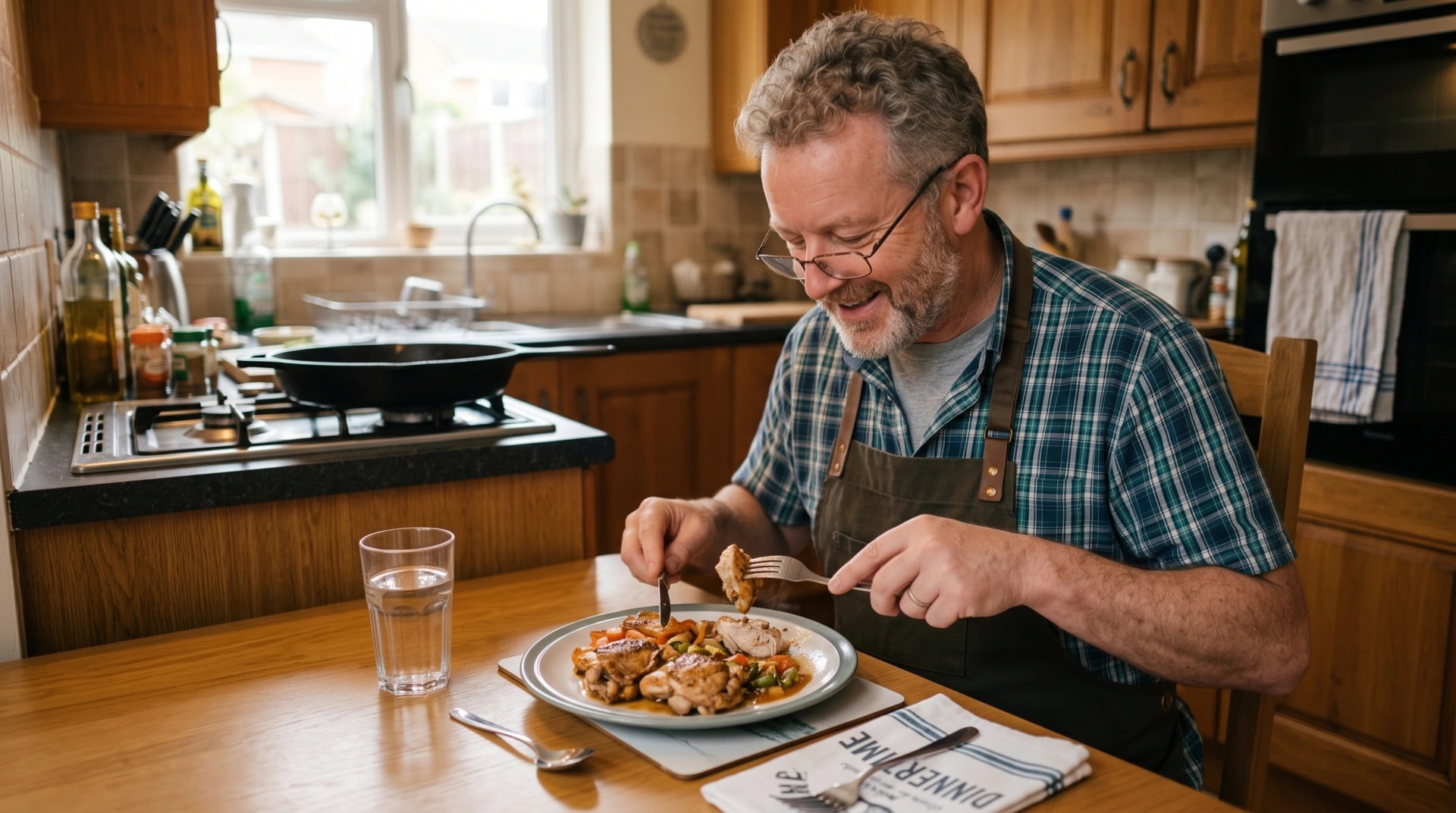 A man eating a home-cooked meal at the kitchen table with a glass of water