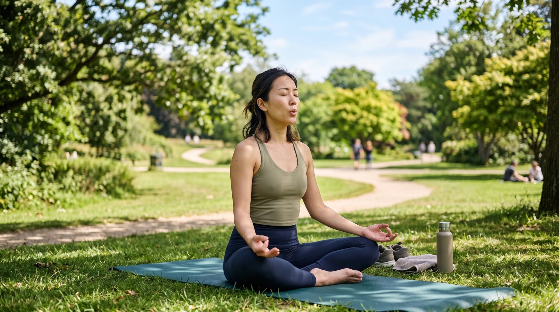A woman sitting cross-legged on a yoga mat in a park, eyes closed, practicing slow breathing