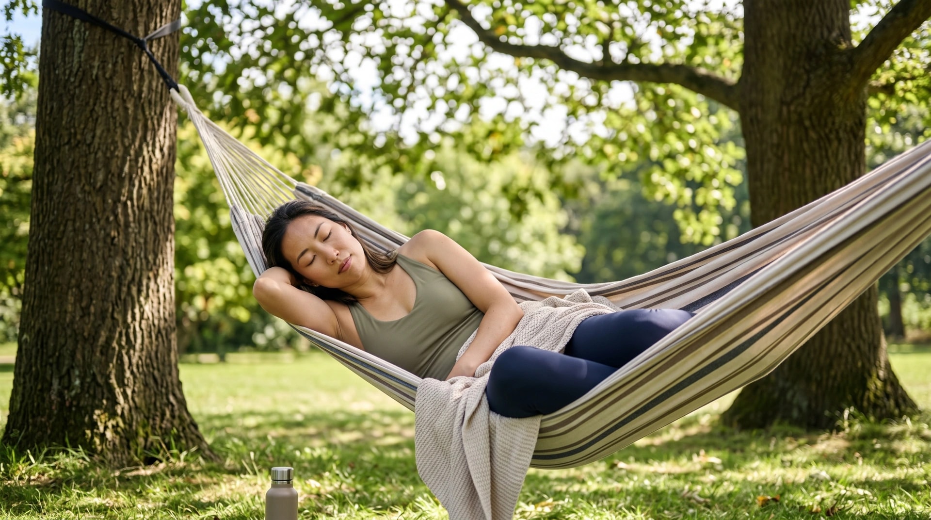 A woman resting with her eyes closed in a hammock strung between two trees