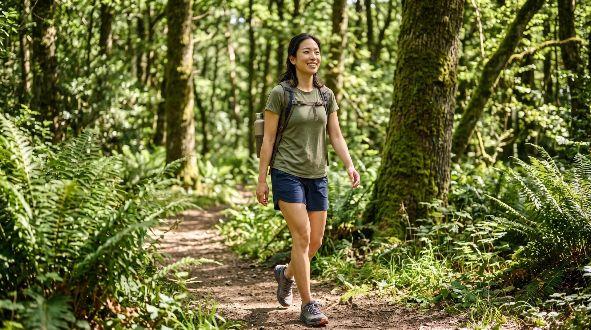 A woman walking along a forest trail in dappled sunlight