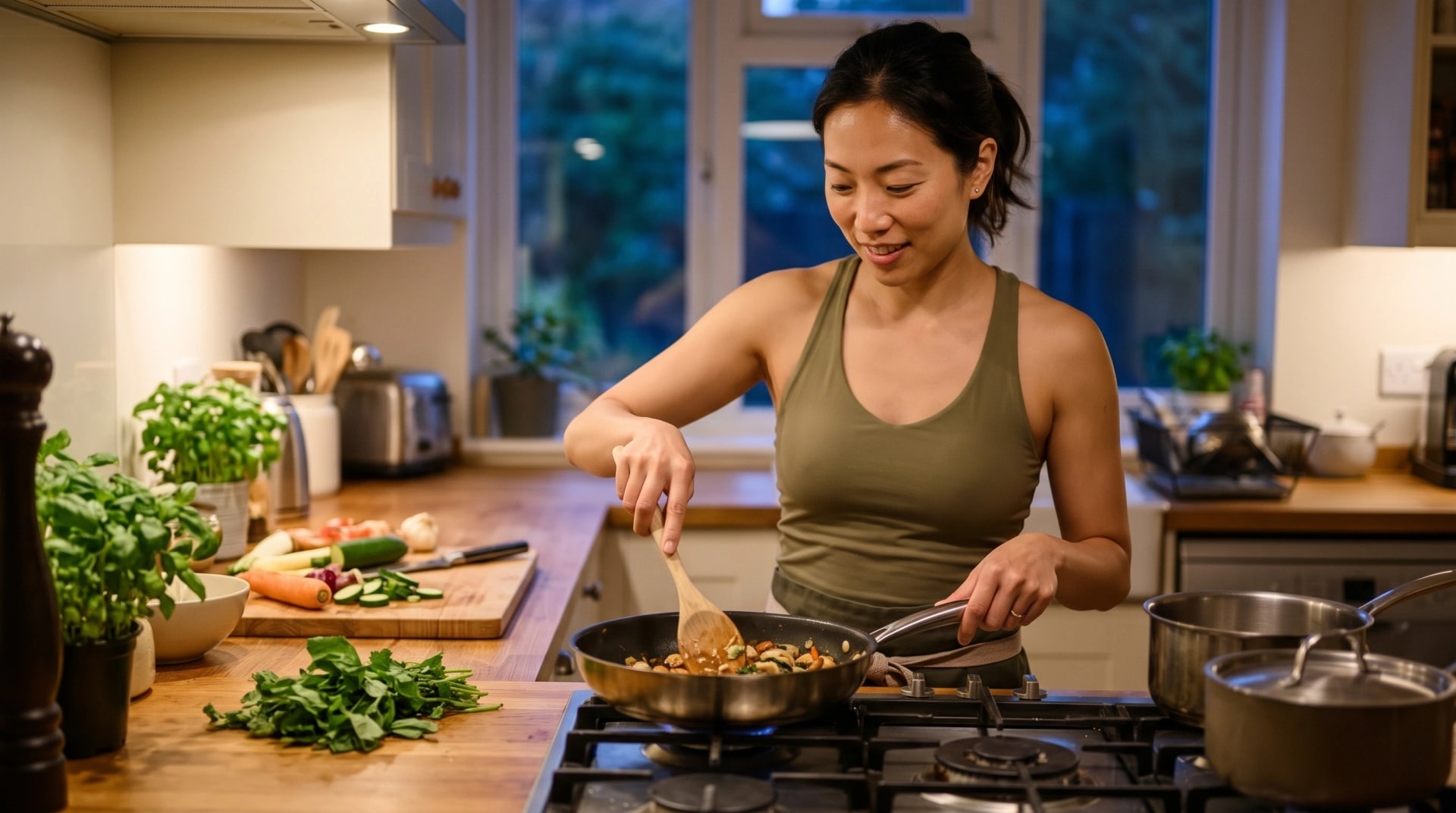 A woman cooking dinner at the stove in the evening