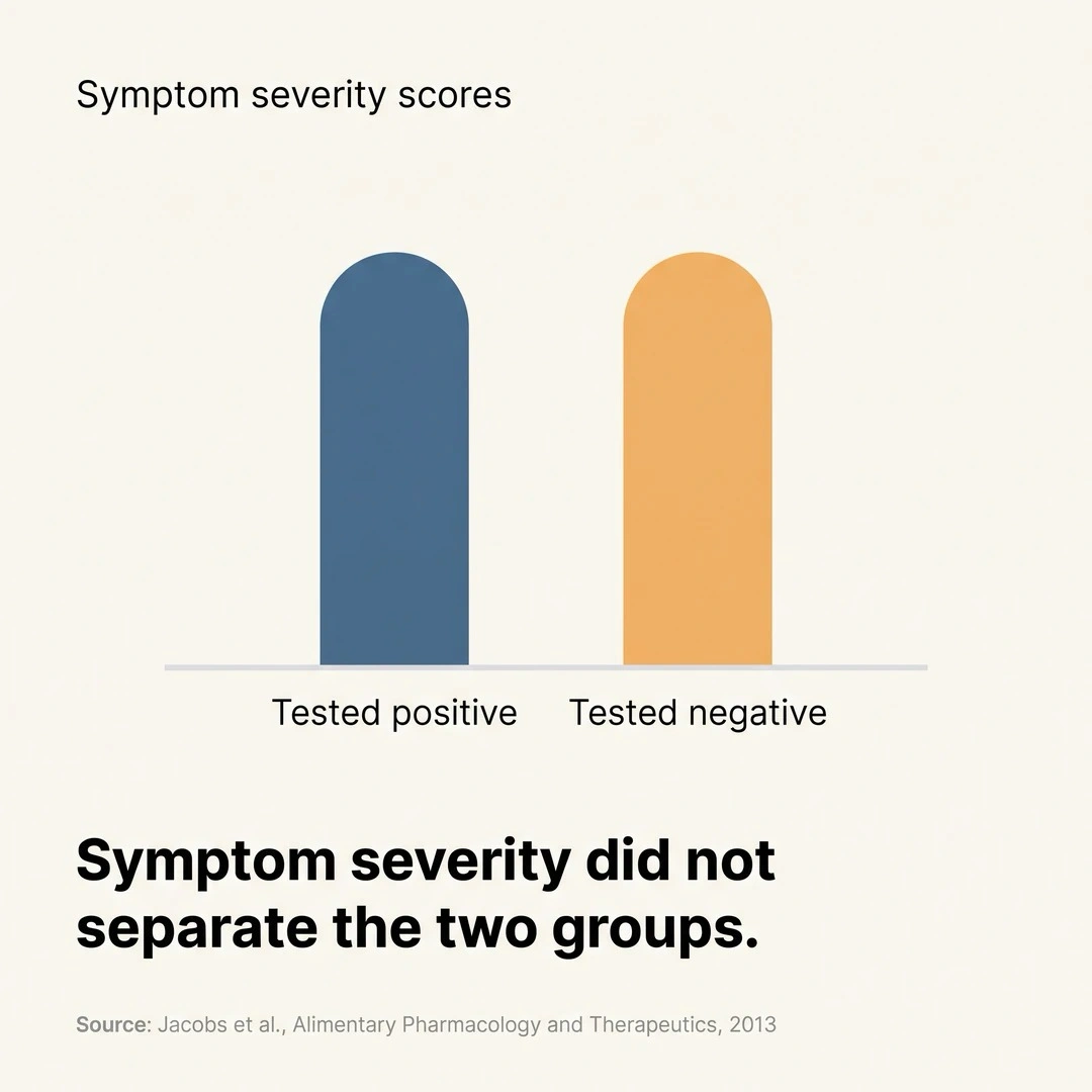 Comparison chart showing that symptom severity scores were similar in patients who tested positive and negative for small intestinal fungal overgrowth.