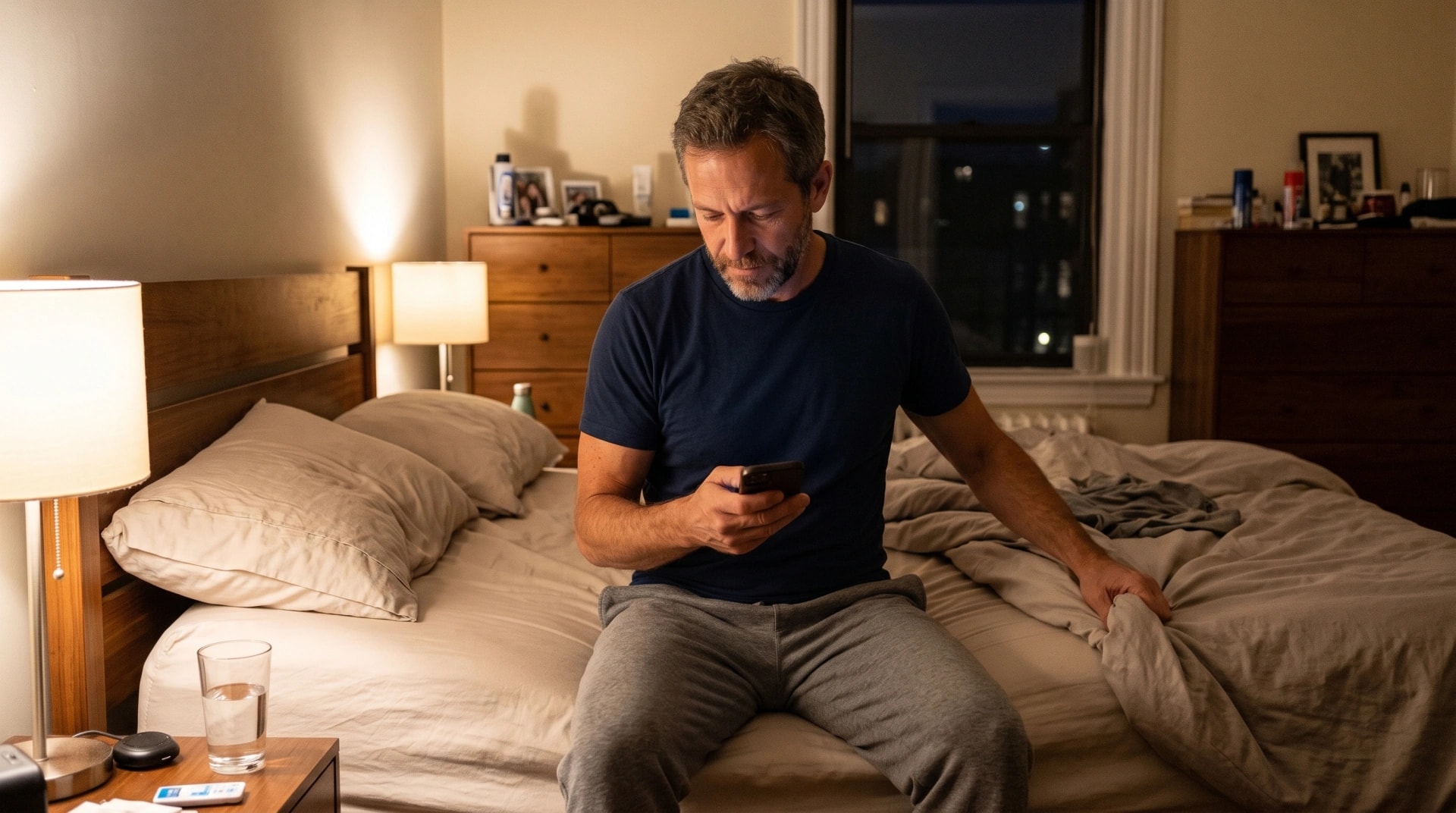 A man sitting on the edge of his bed at night looking at his phone