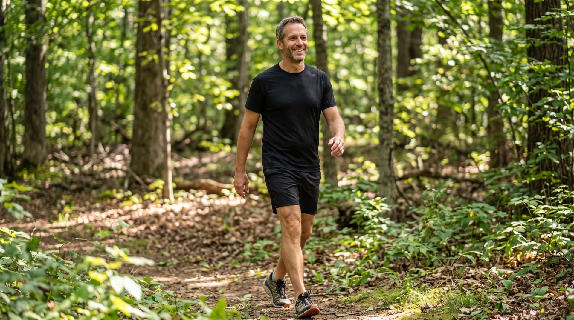 A man walking along a forest trail