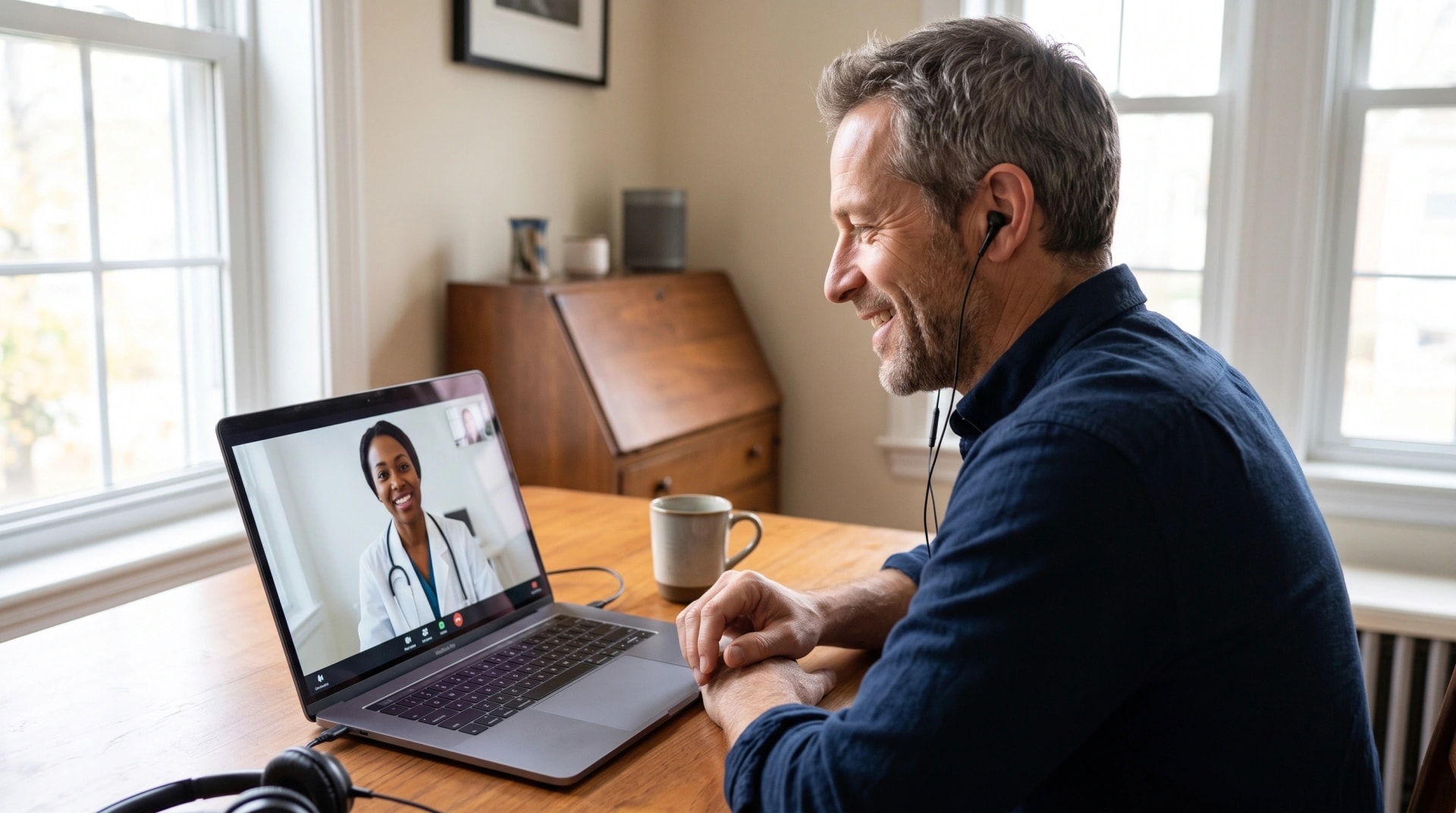 A man on a video consultation with a clinician on his laptop