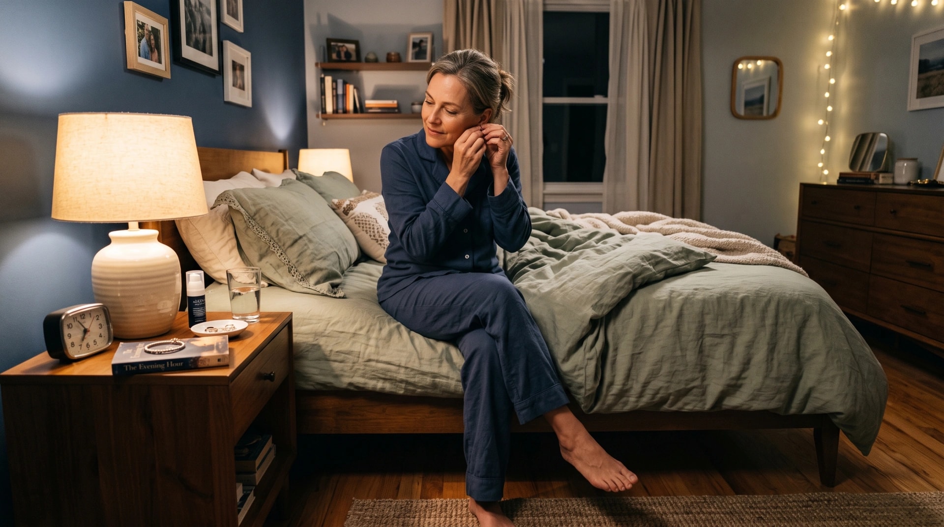 A tired woman sitting on the edge of her bed at night, rubbing her eye