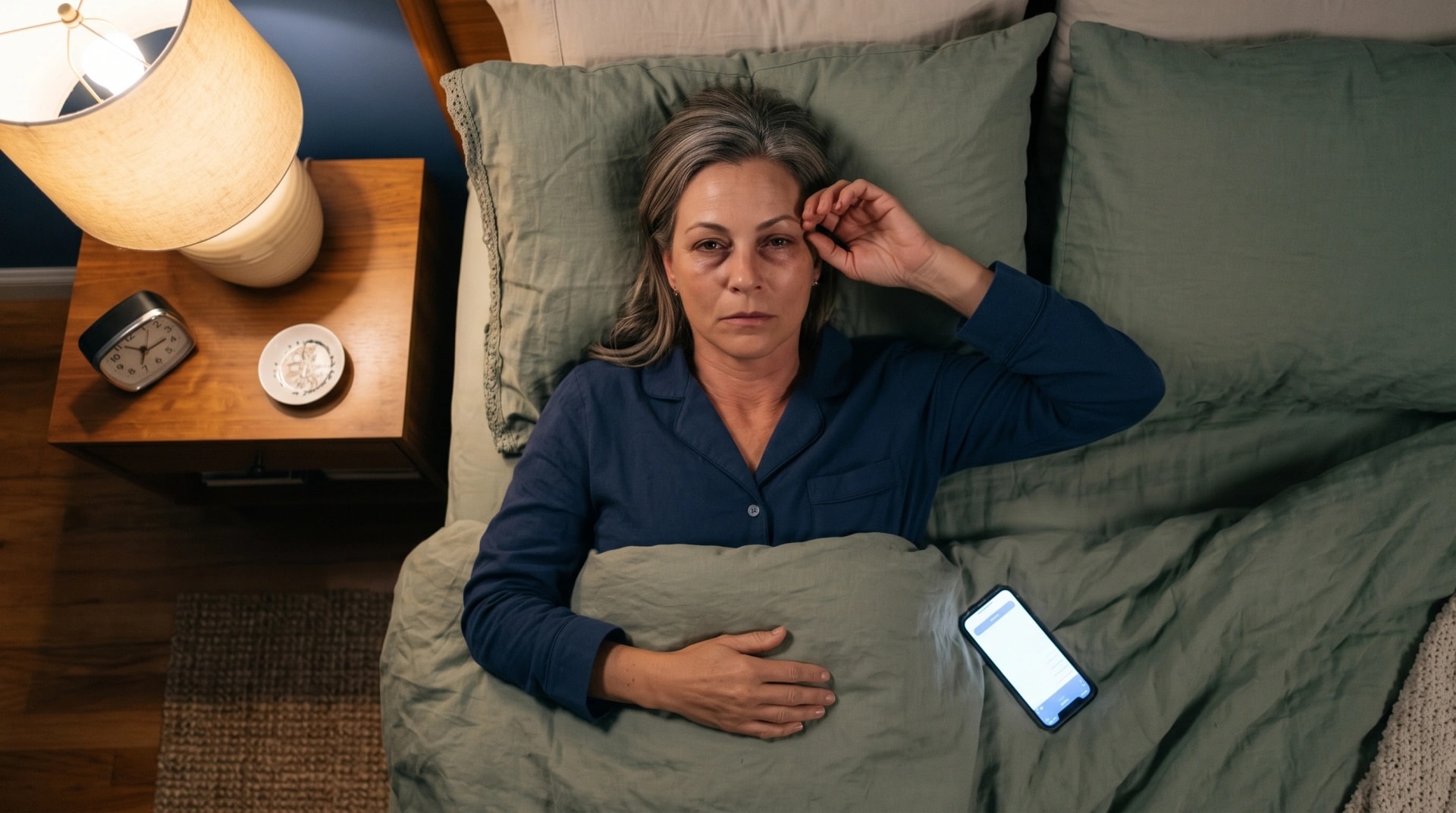 A woman lying awake in bed at night with her phone beside her