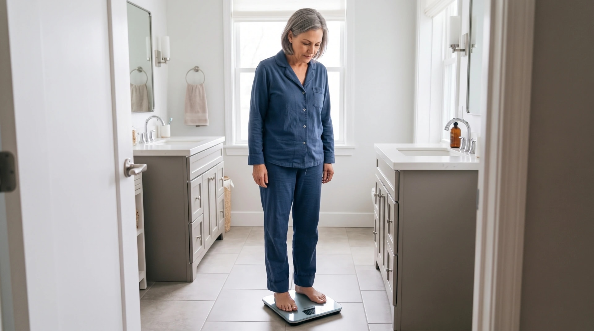 A woman in pajamas standing on a bathroom scale in the morning