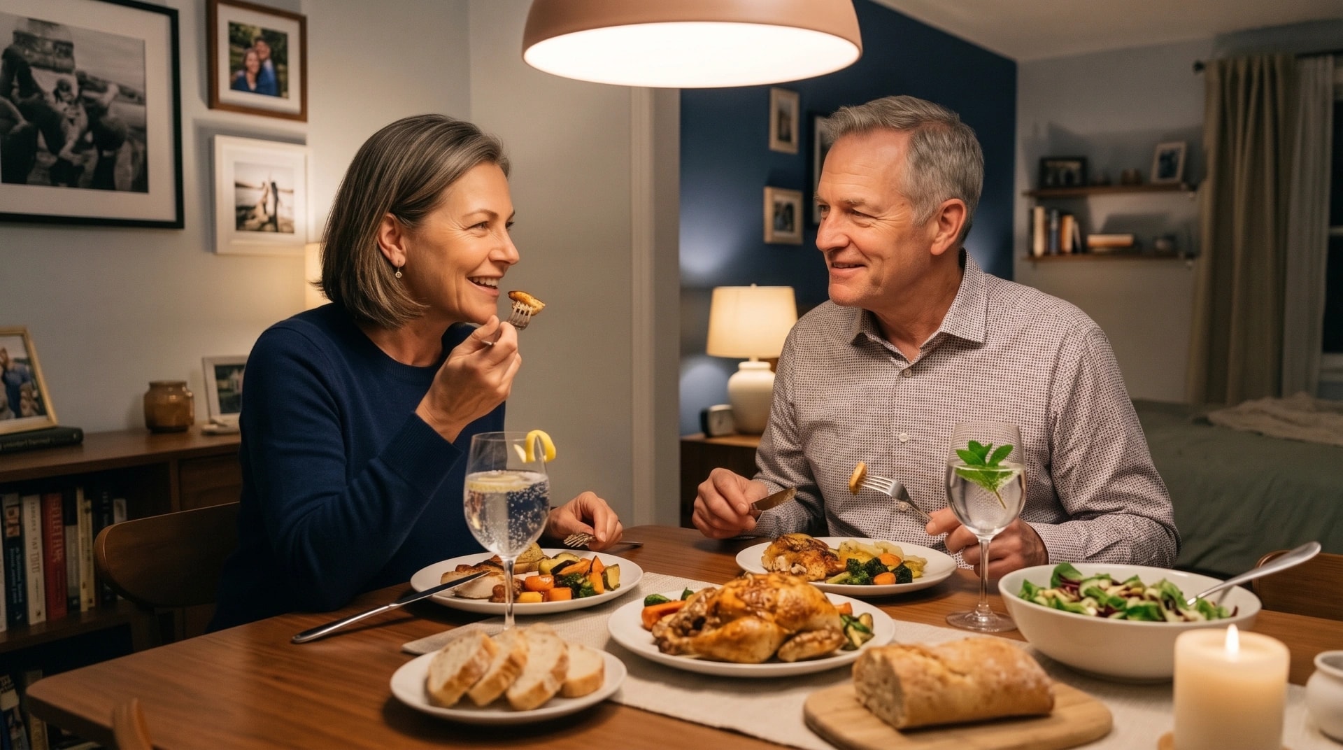 A couple sharing a home-cooked dinner by candlelight
