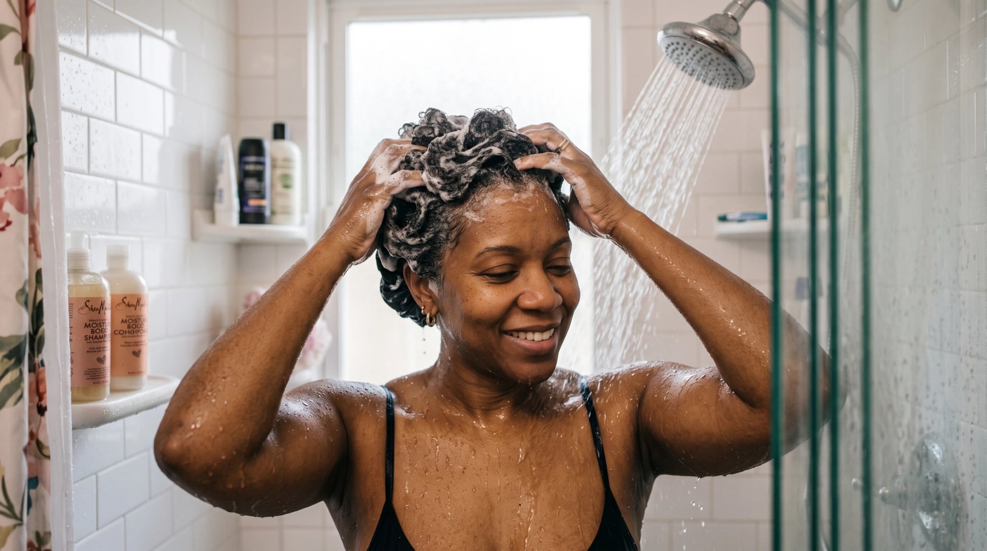 A woman washing her curly hair under the shower, massaging shampoo into her scalp