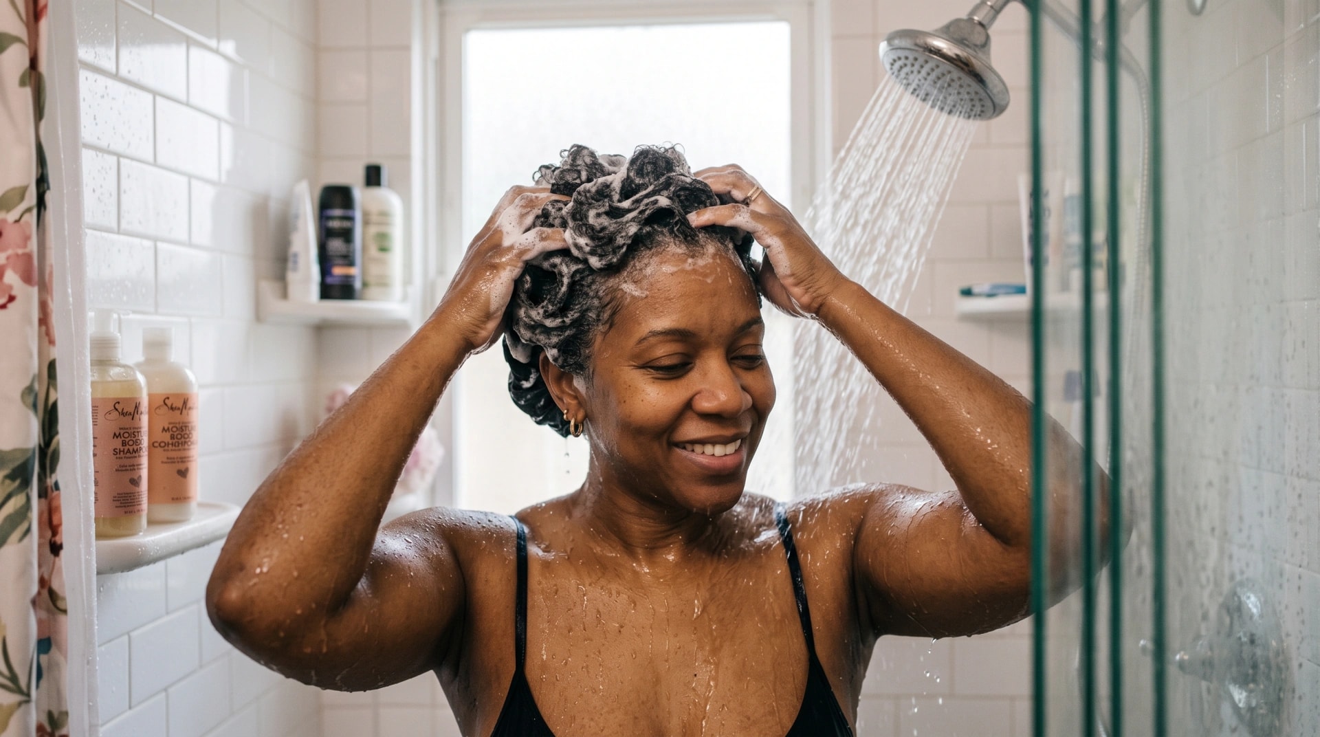 A woman washing her curly hair under the shower, massaging shampoo into her scalp