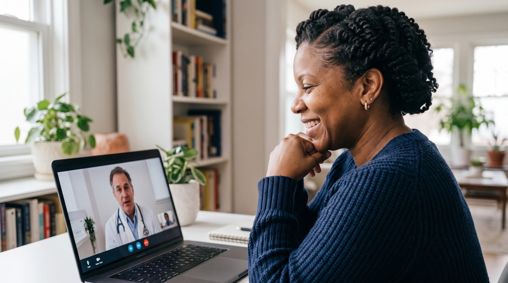 A woman on a video consultation with a clinician on her laptop