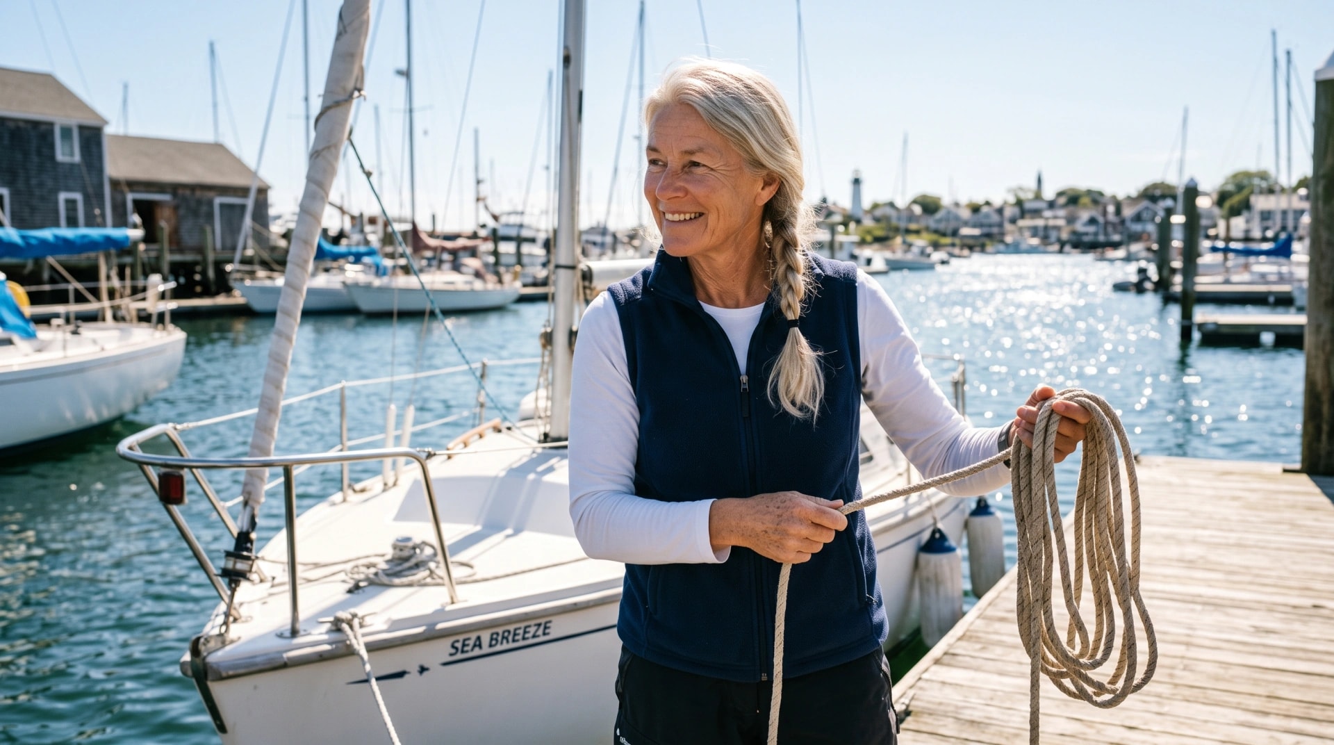 A woman holding a coil of rope on a dock beside her sailboat