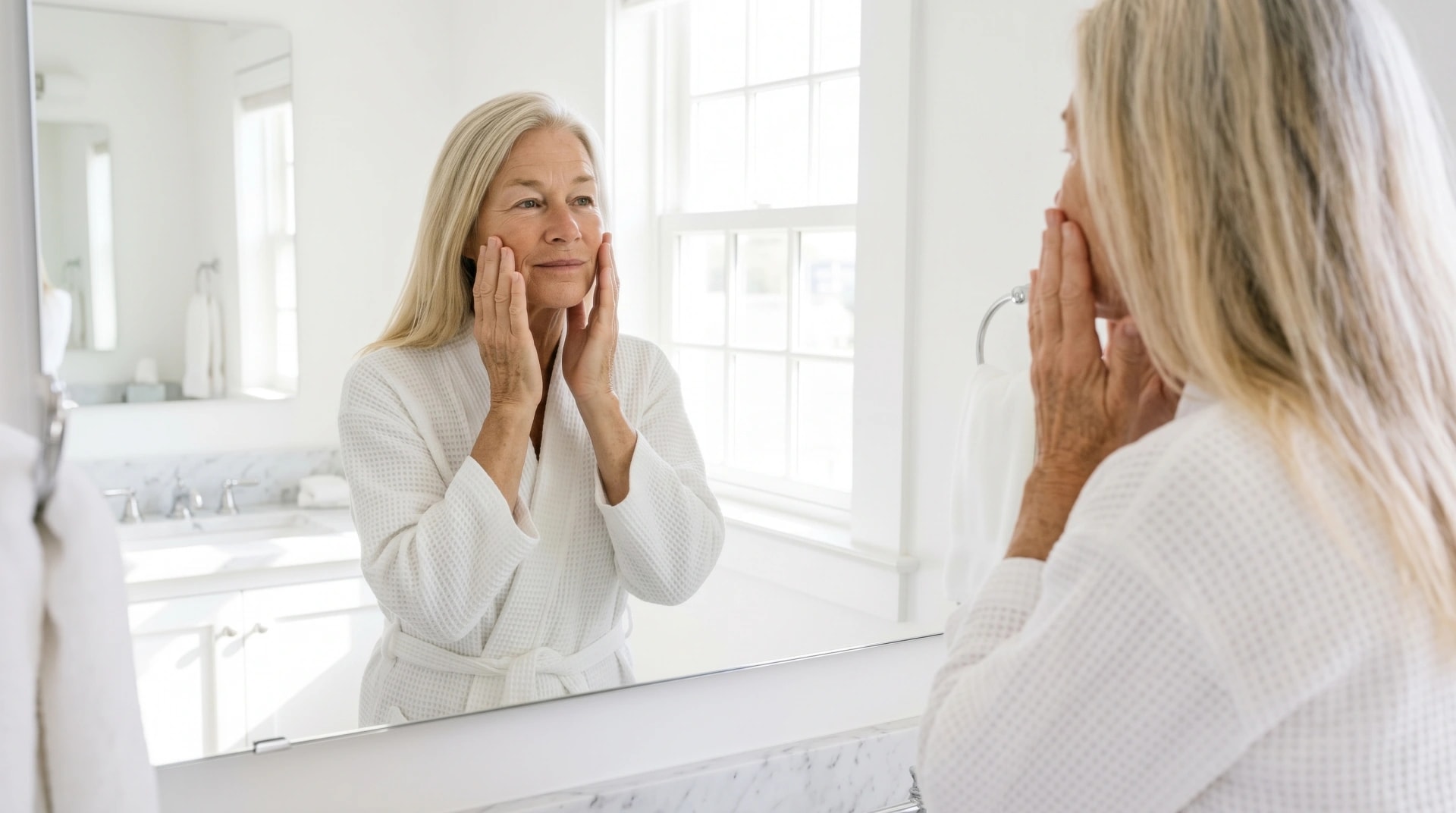 A woman touching her cheeks as she checks her skin in a bathroom mirror