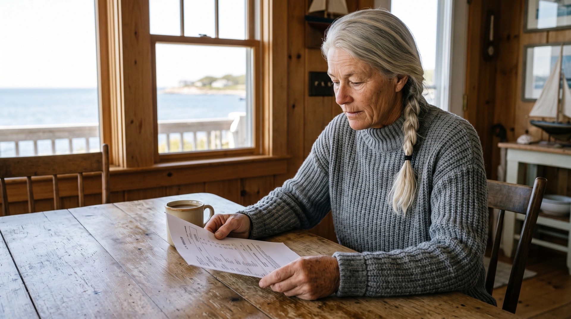A woman reading a printed page at a wooden table by the window