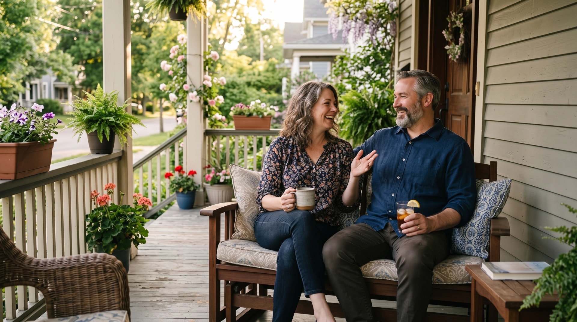 A smiling couple relaxing with coffee on the front porch of their house