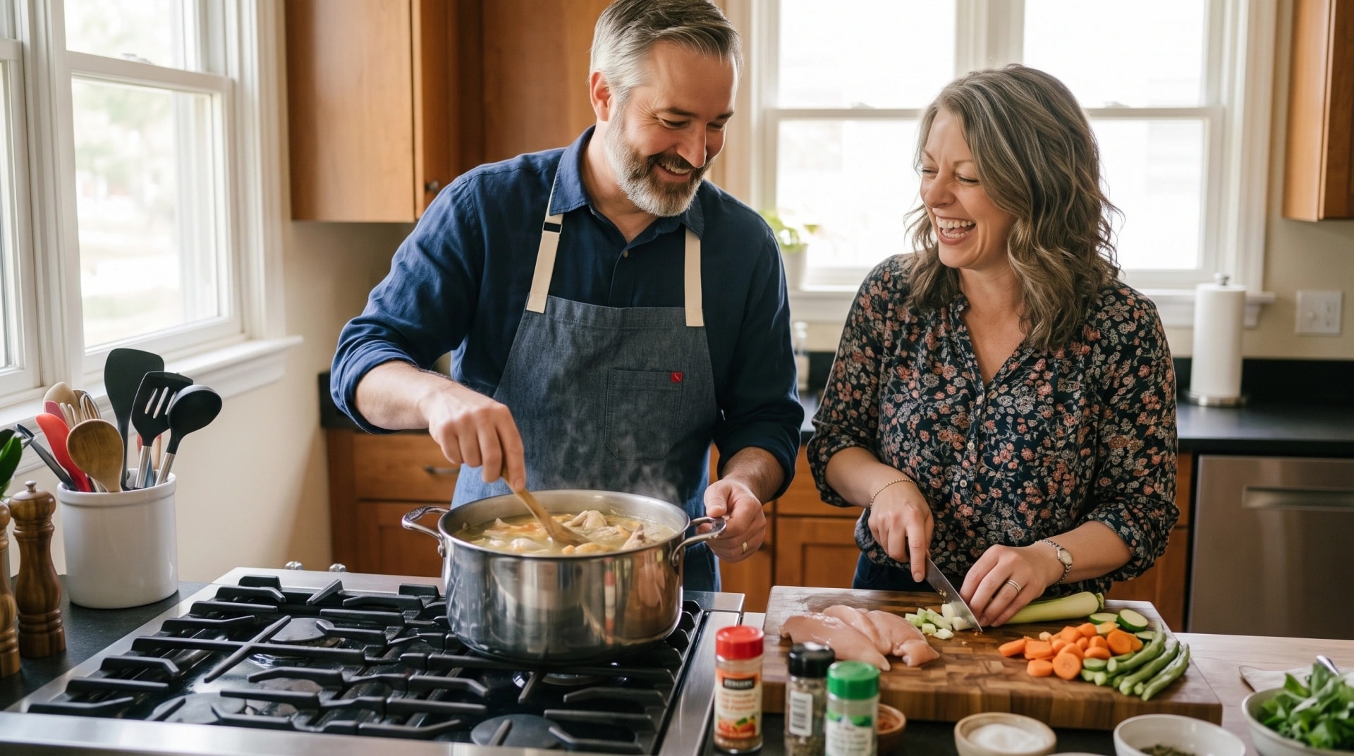 A couple cooking pasta and chopping vegetables together in their kitchen