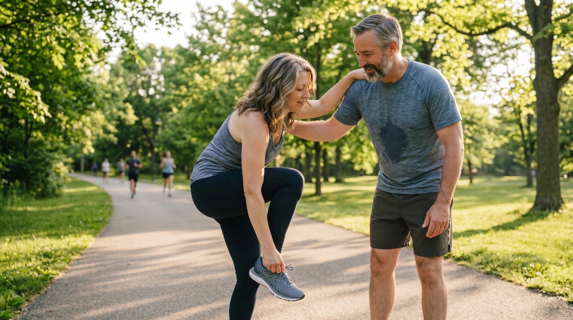 A couple laughing as they stretch together on a tree-lined park path
