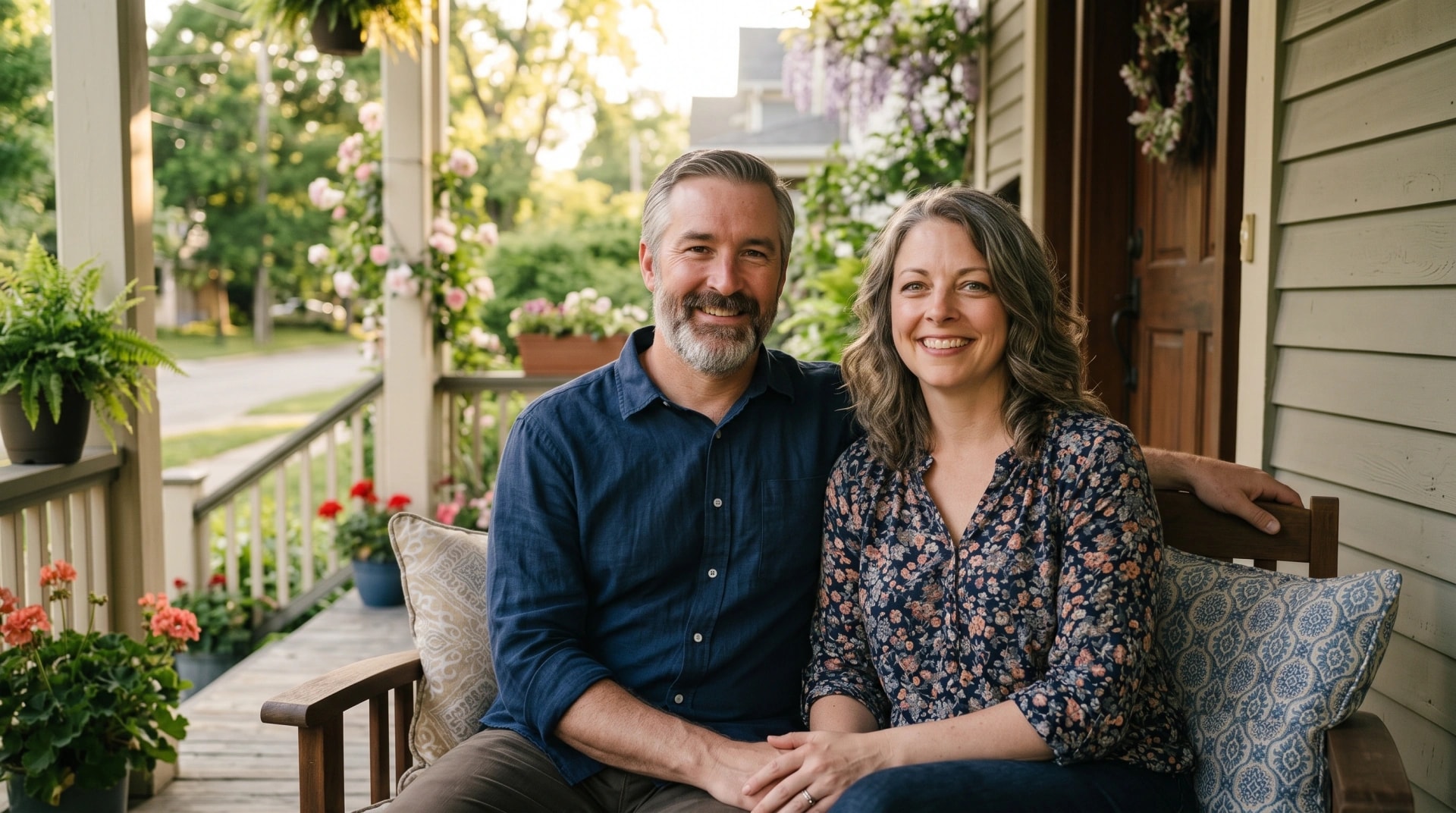 A smiling couple sitting side by side on their front porch