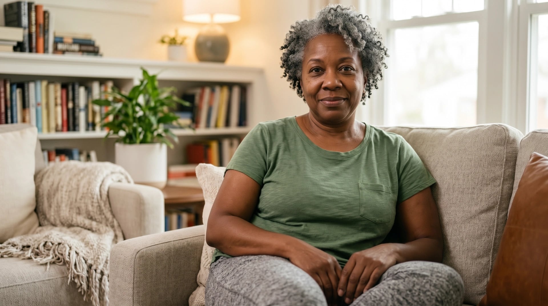 A smiling woman in a green T-shirt sitting on a sofa in a bright living room lined with bookshelves