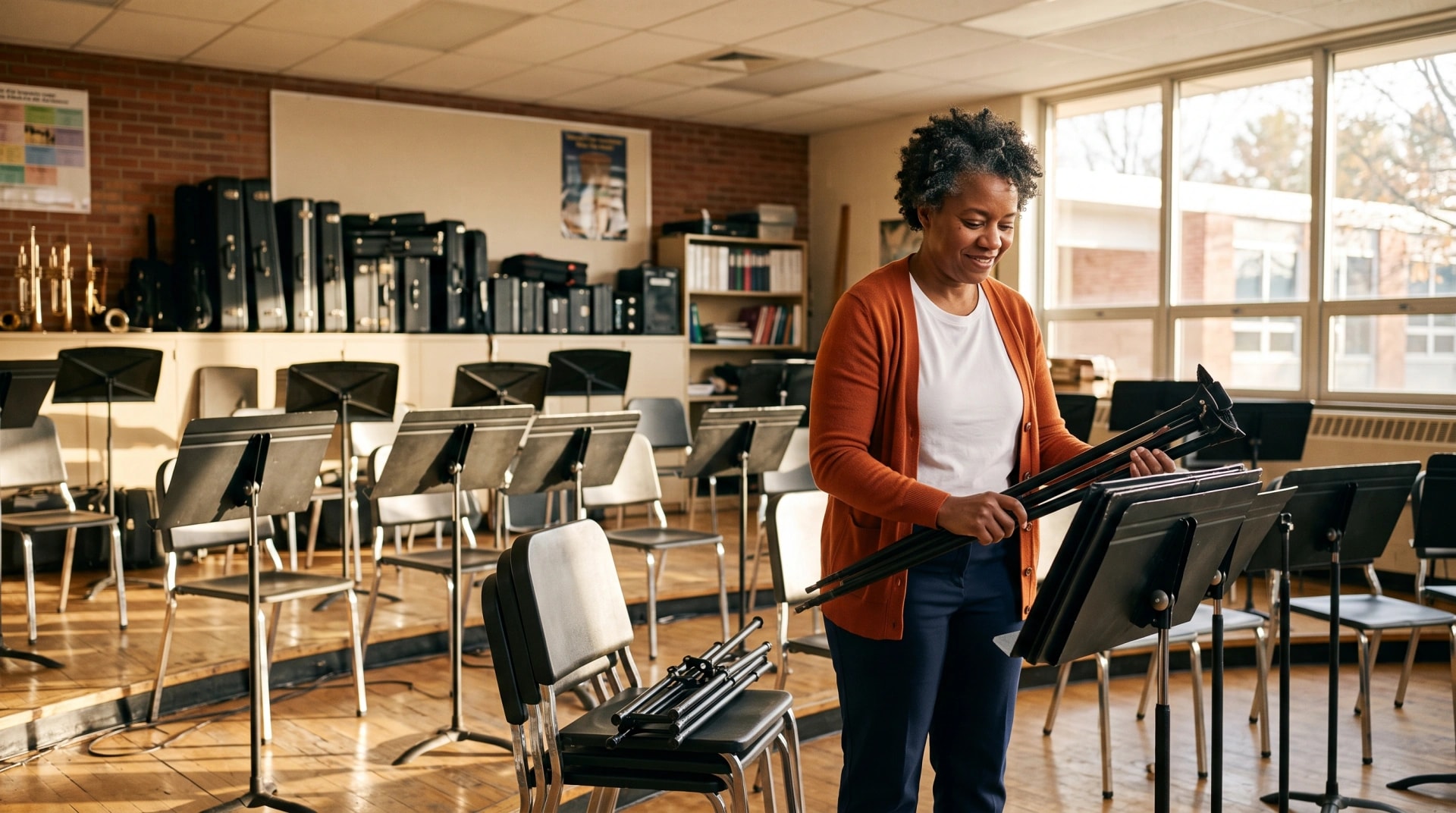 A woman setting up music stands and chairs in a school band room