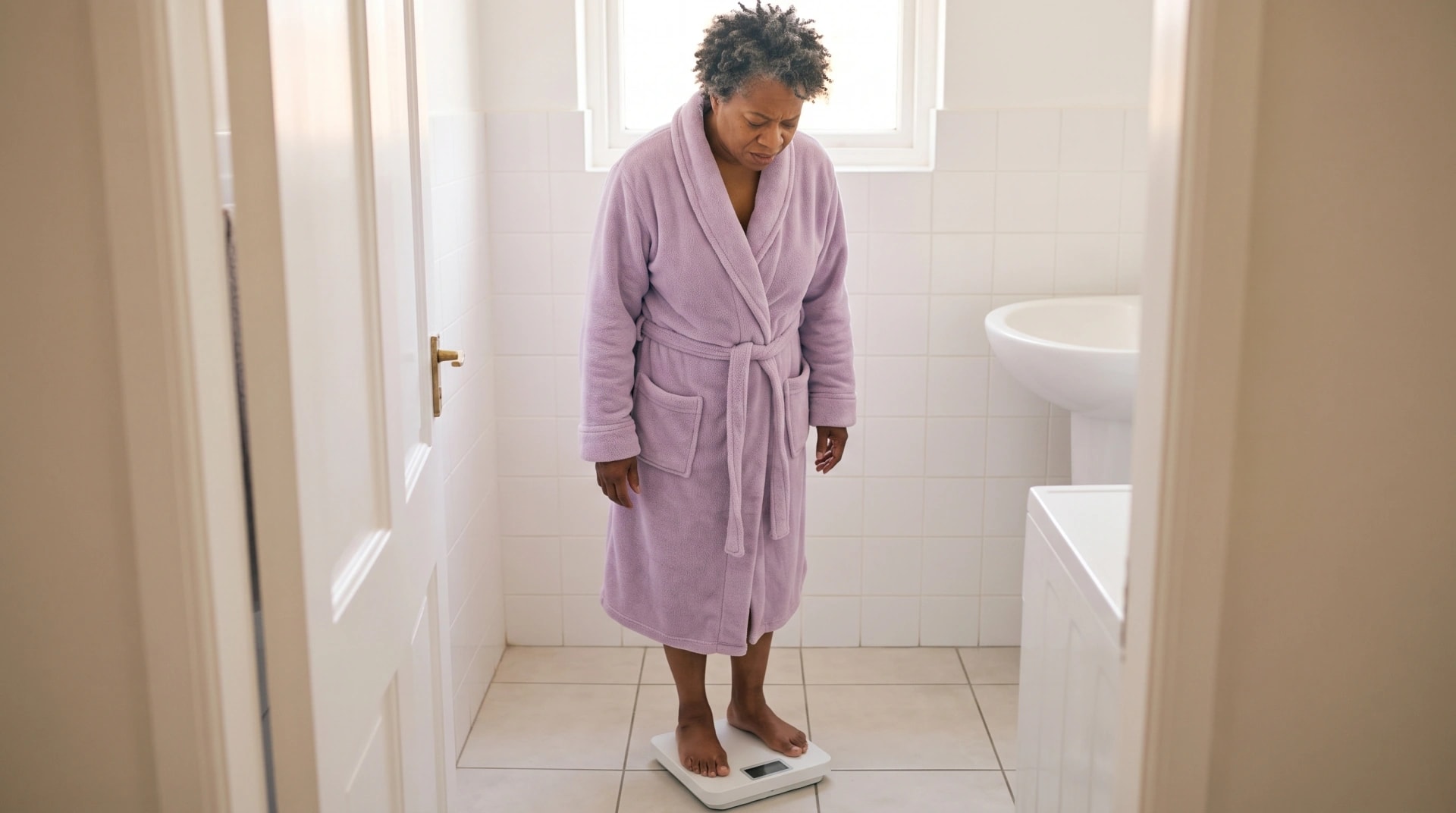 A woman in a bathrobe standing on a bathroom scale