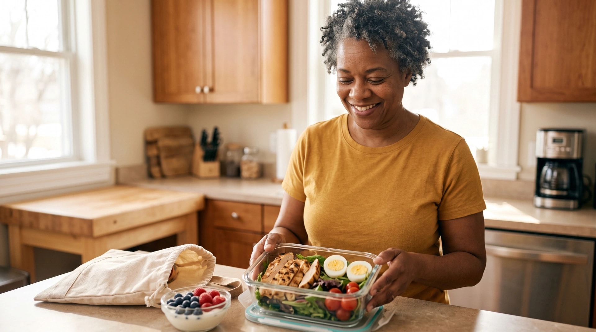 A woman packing a lunch of vegetables, eggs and fruit in her kitchen