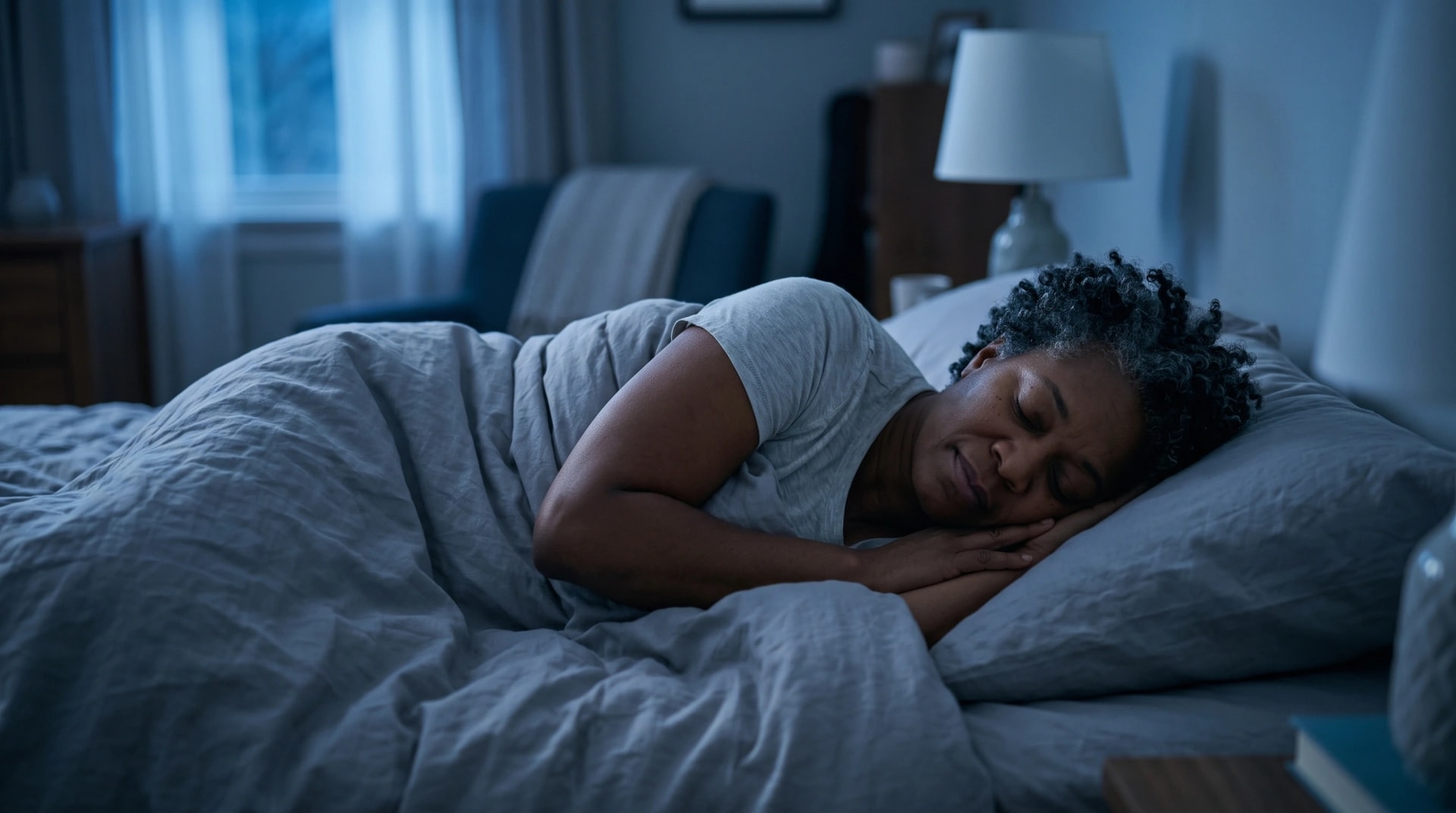 A woman asleep in bed at night